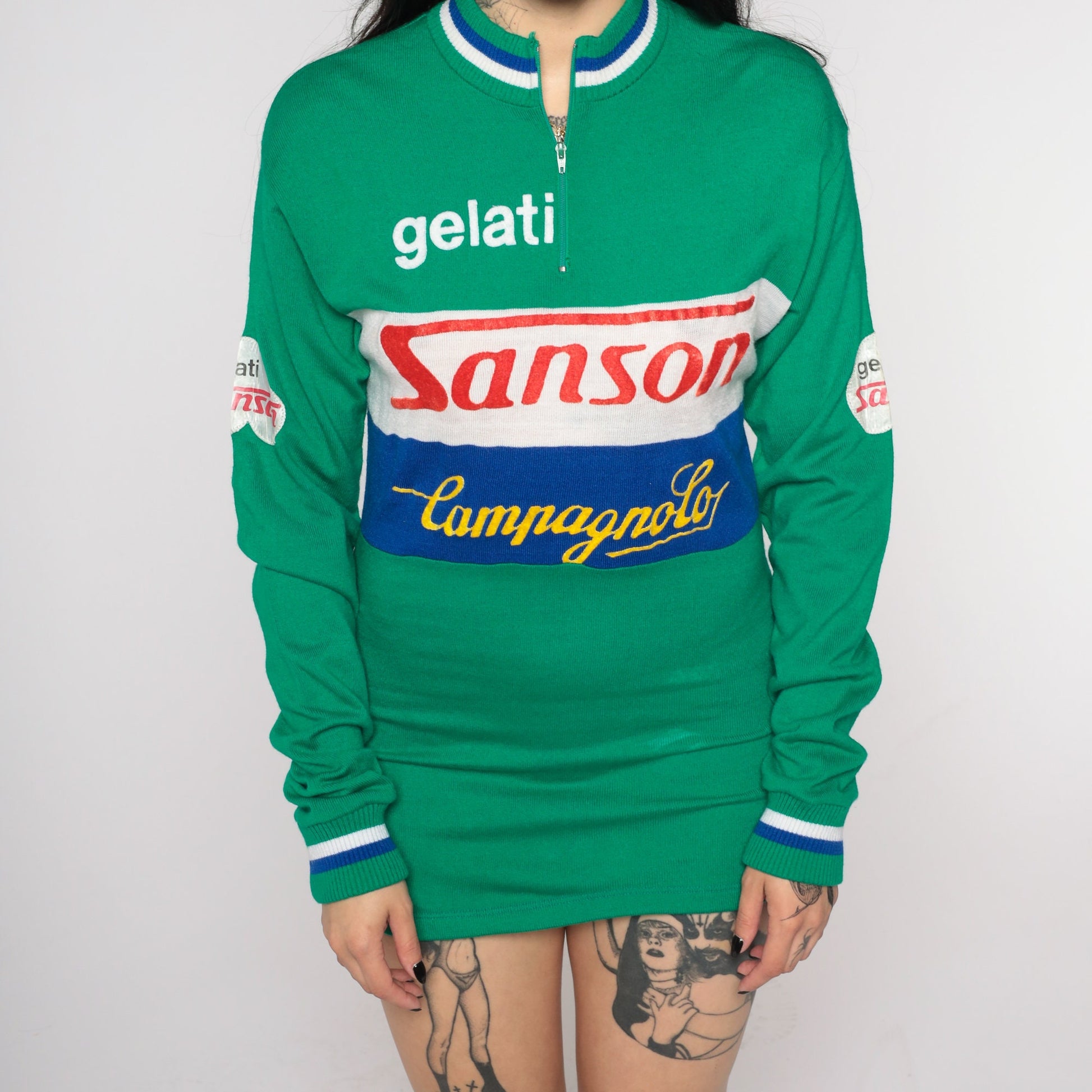 80s Campagnolo Sanson Gelati Cycling Jersey Green Striped Zip Neck Small