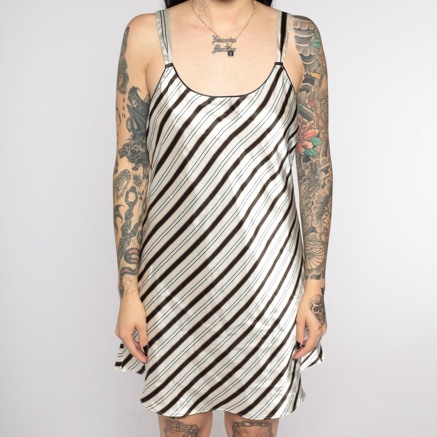 90s Striped Satin Slip Dress Grey Black Spaghetti Strap Chemise Medium
