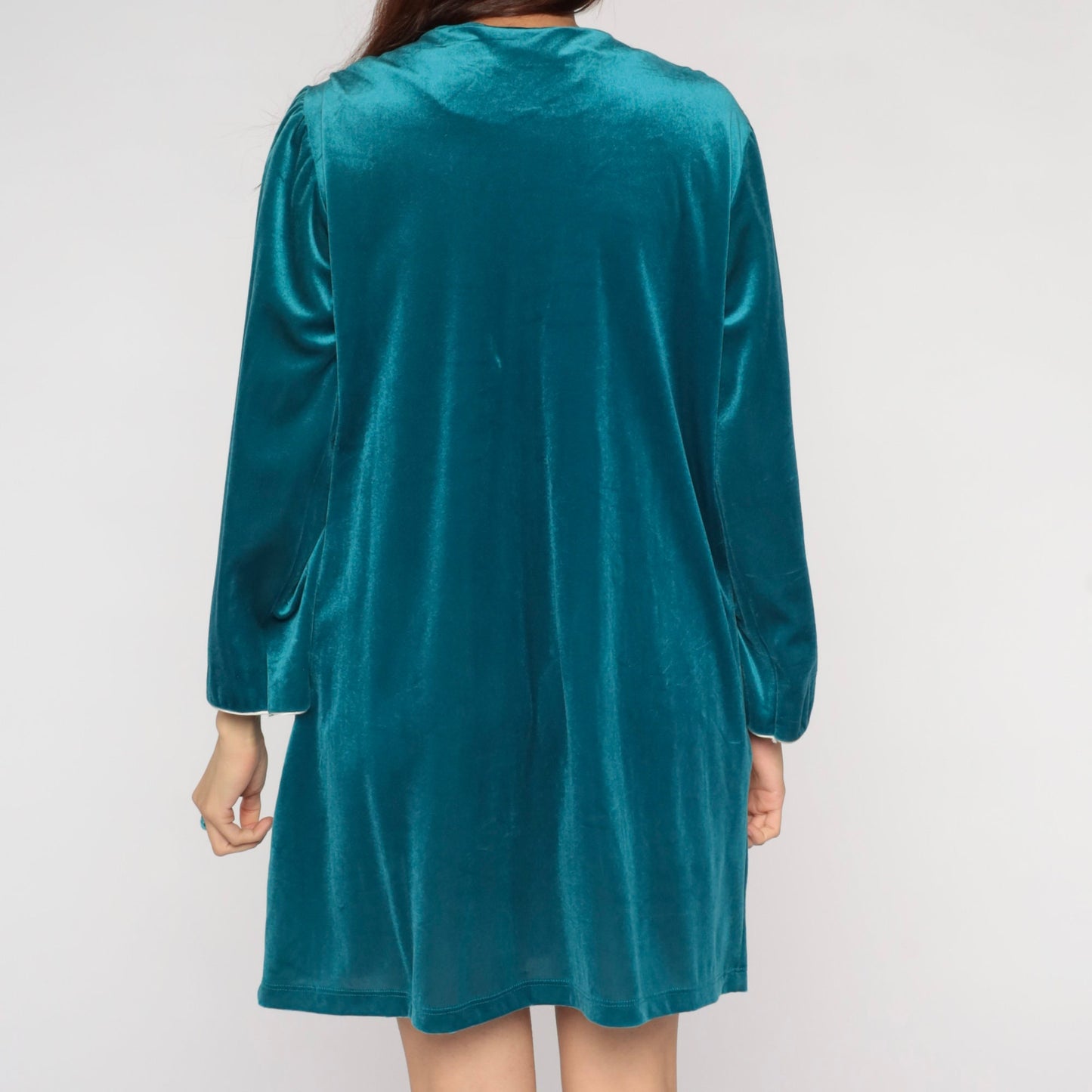 80s Teal Velour Mini Lounge Dress Floral Lace Bib Long Sleeve Zip Front Large L