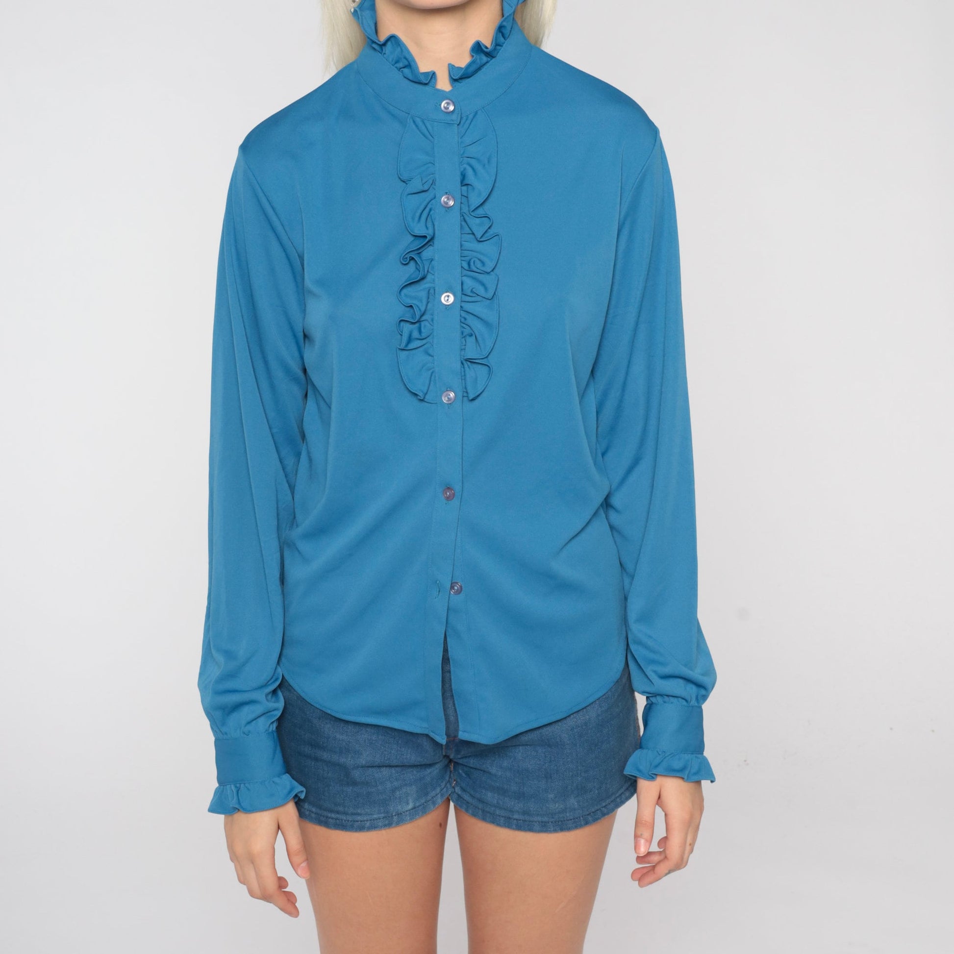 70s Blue Tuxedo Ruffle Blouse High Neck Button Up Long Sleeve Small