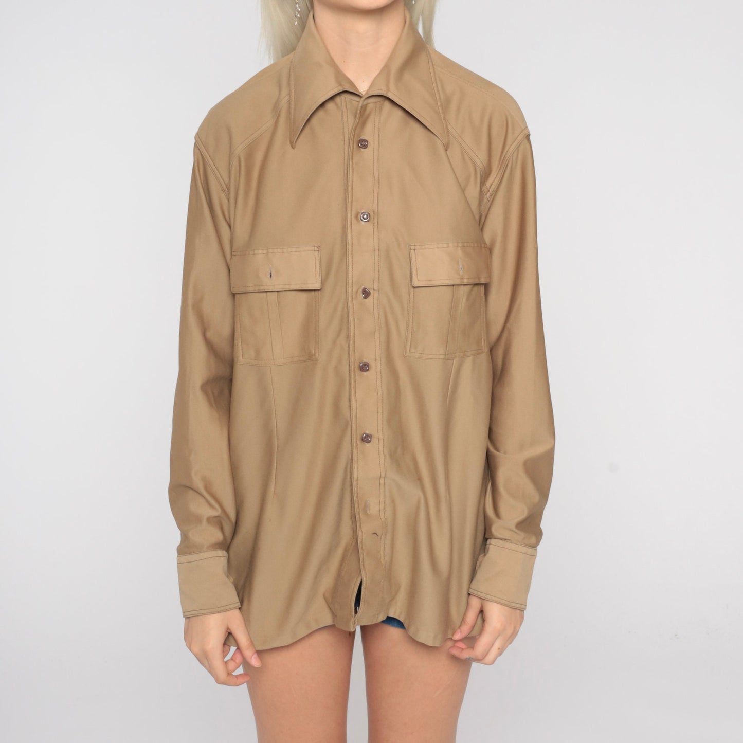 70s Tan Button Up Shirt Dagger Collar Long Sleeve Chest Pocket Men's Large