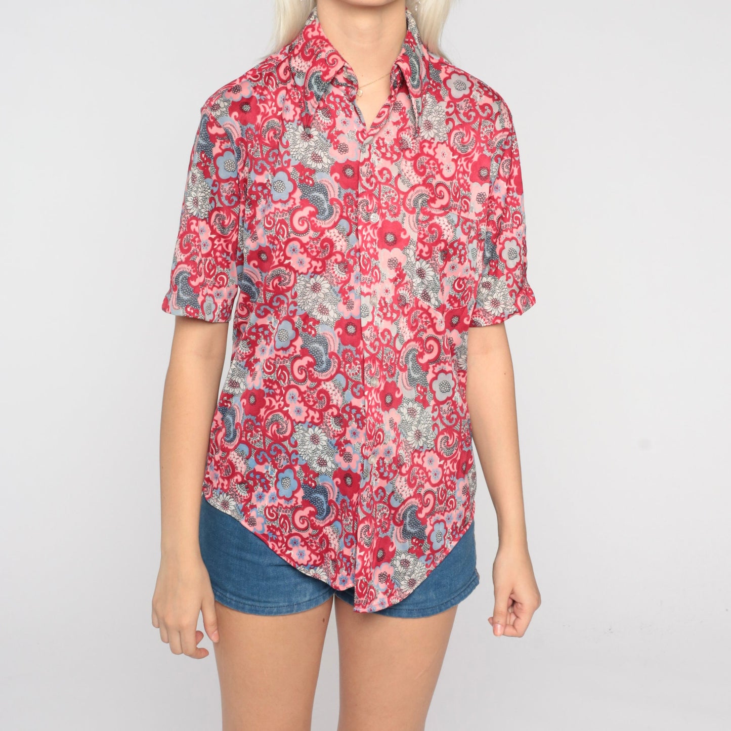 70s Psychedelic Floral Button-Up Shirt Pink Red Paisley Flower Print Medium