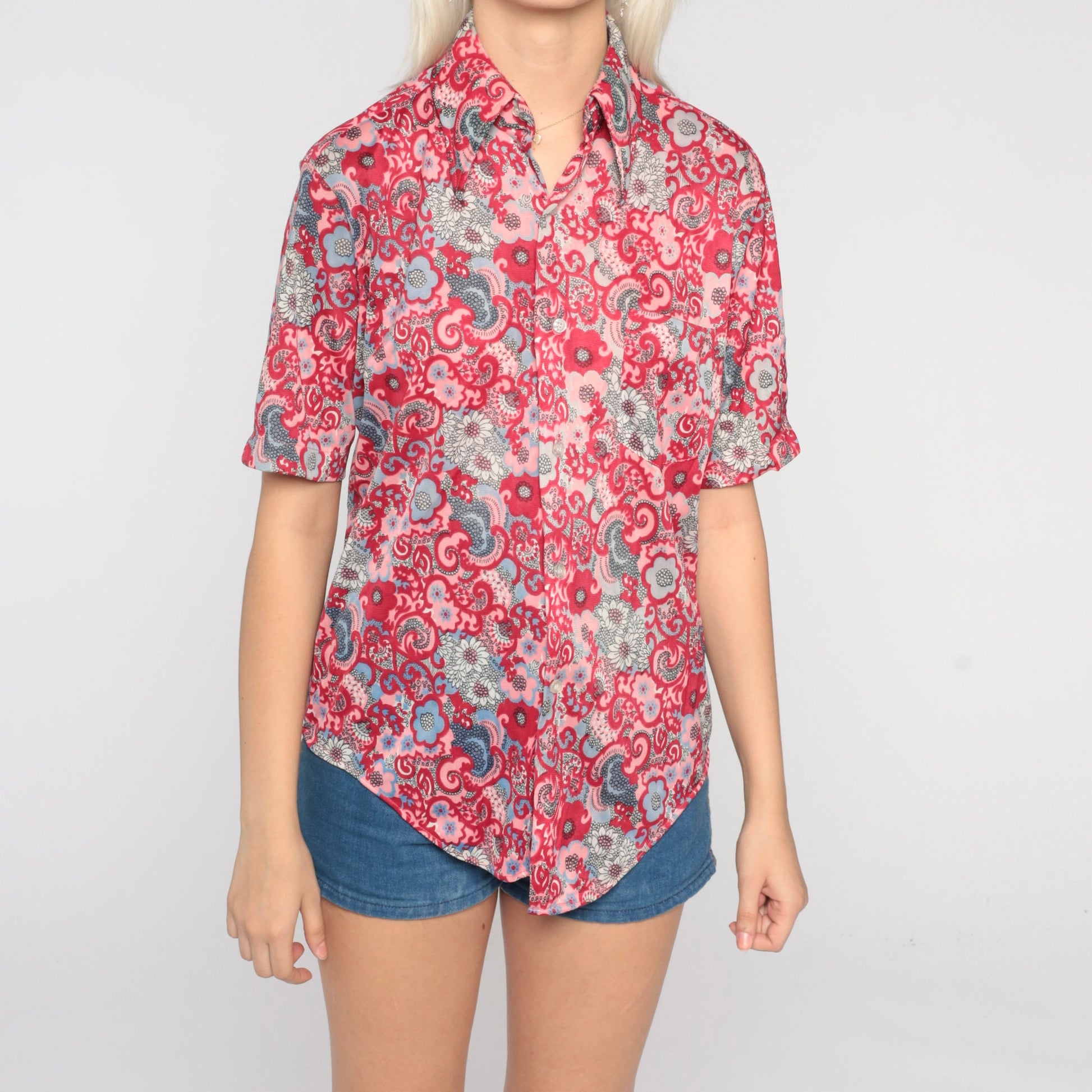 70s Psychedelic Floral Button-Up Shirt Pink Red Paisley Flower Print Medium