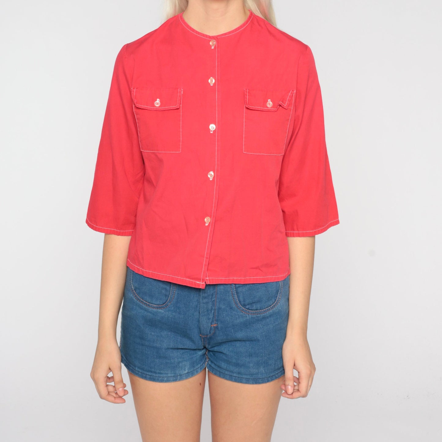 70s Red Button-Up Blouse Short Sleeve Chest Pockets Small