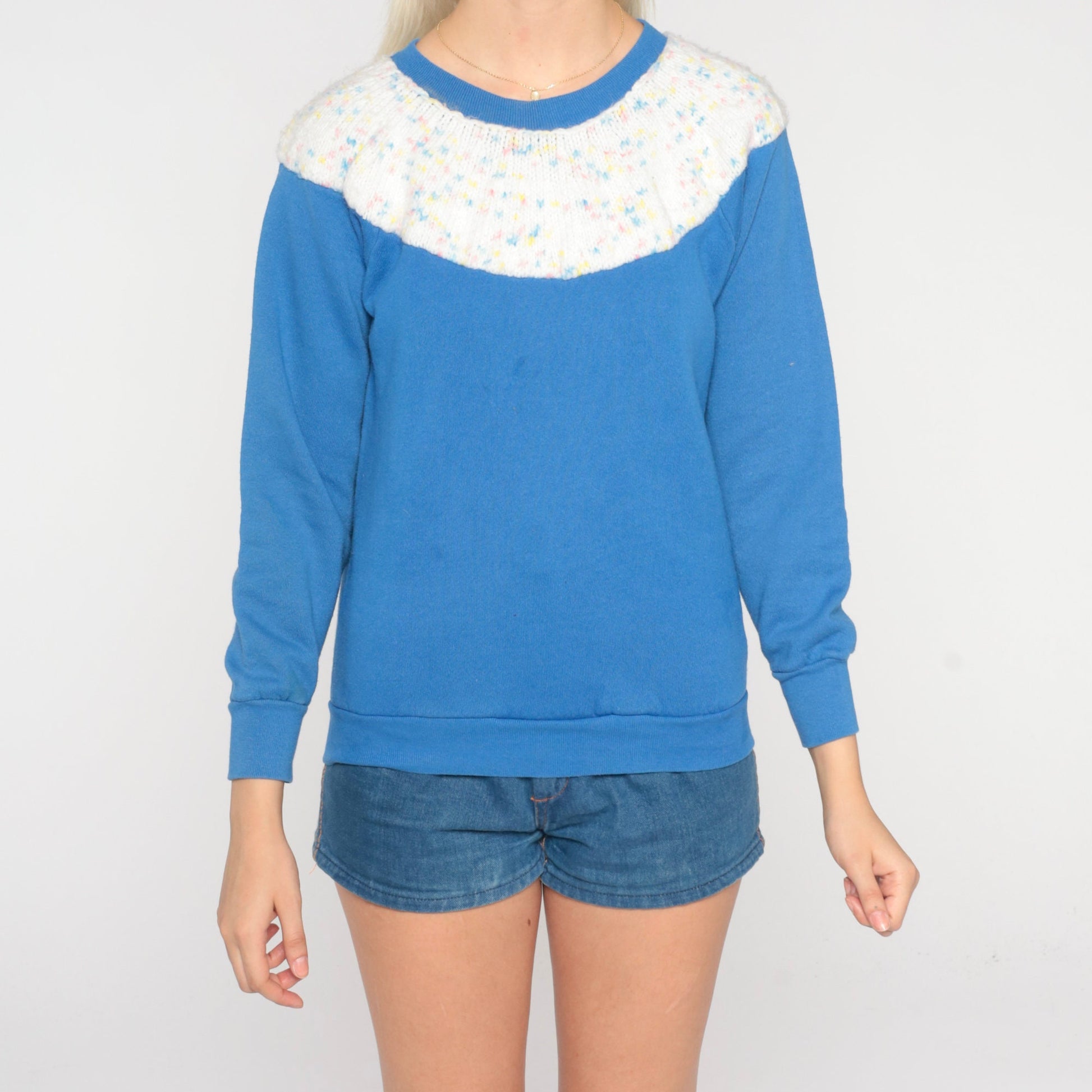 80s Blue Knit Yoke Raglan Sweatshirt Flecked Crewneck Small