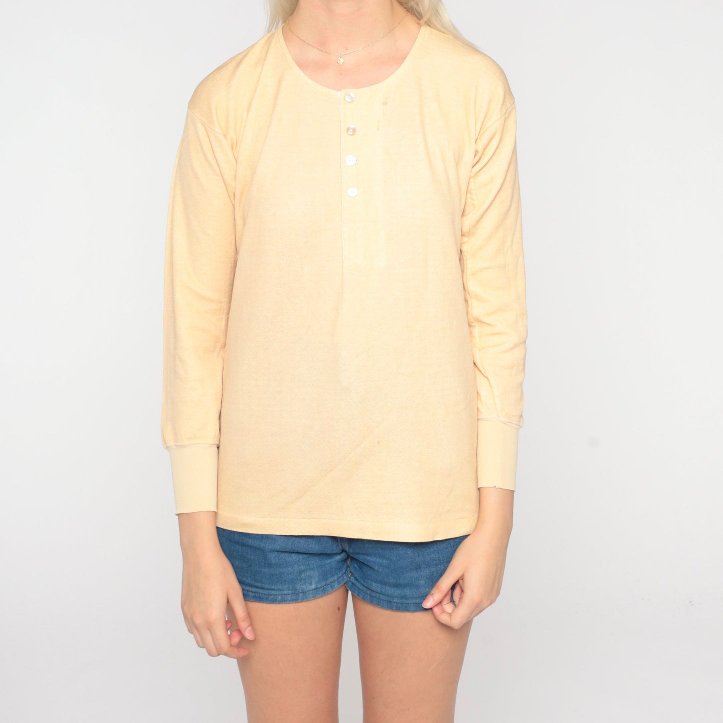 80s Riverlon Thermal Henley Peach Long Sleeve Button Up Medium