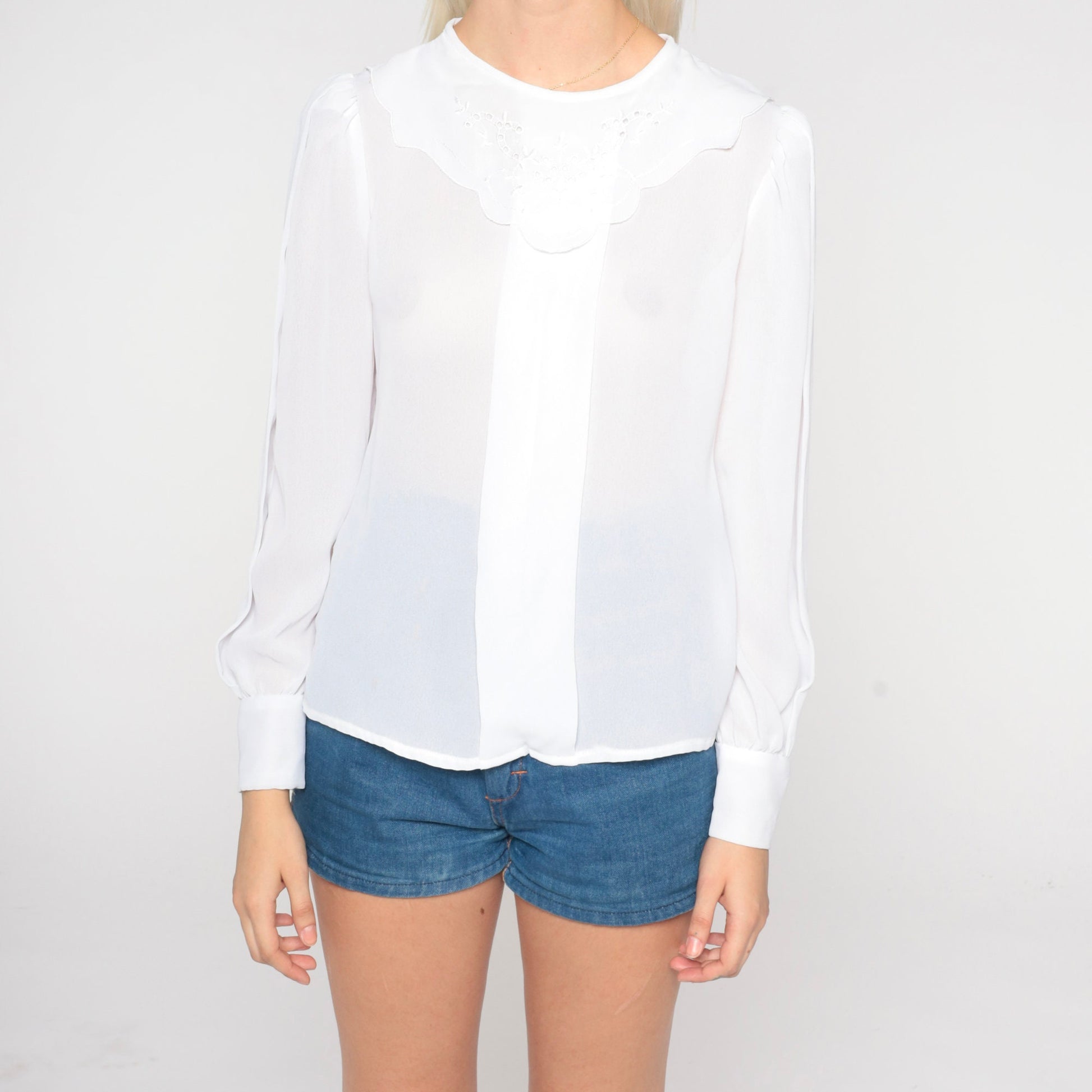80s White Eyelet Blouse Puff Sleeve Sheer Bib Top Small