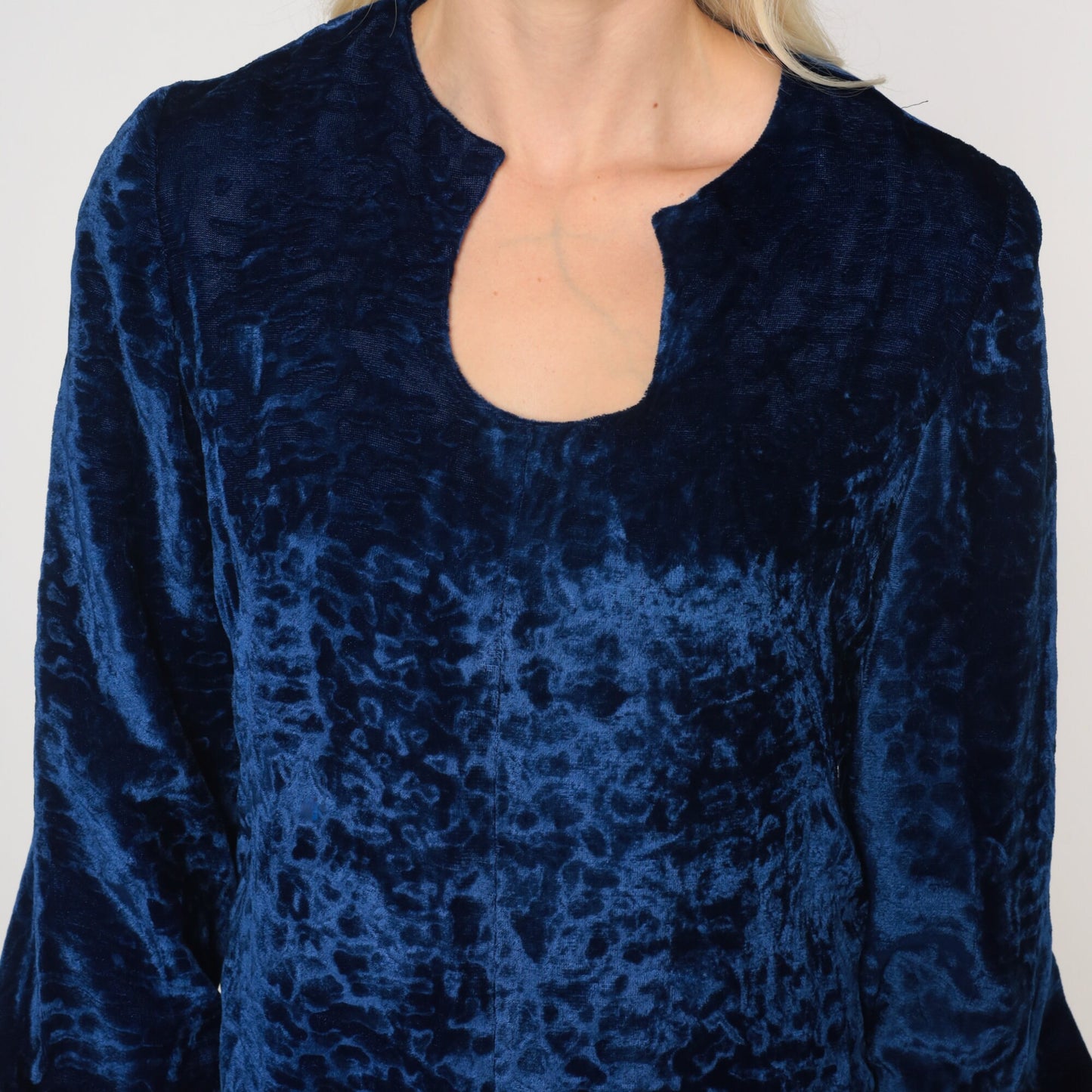 60s Blue Velvet Mini Dress Shift Cut Long Sleeve Asymmetrical Neckline Small