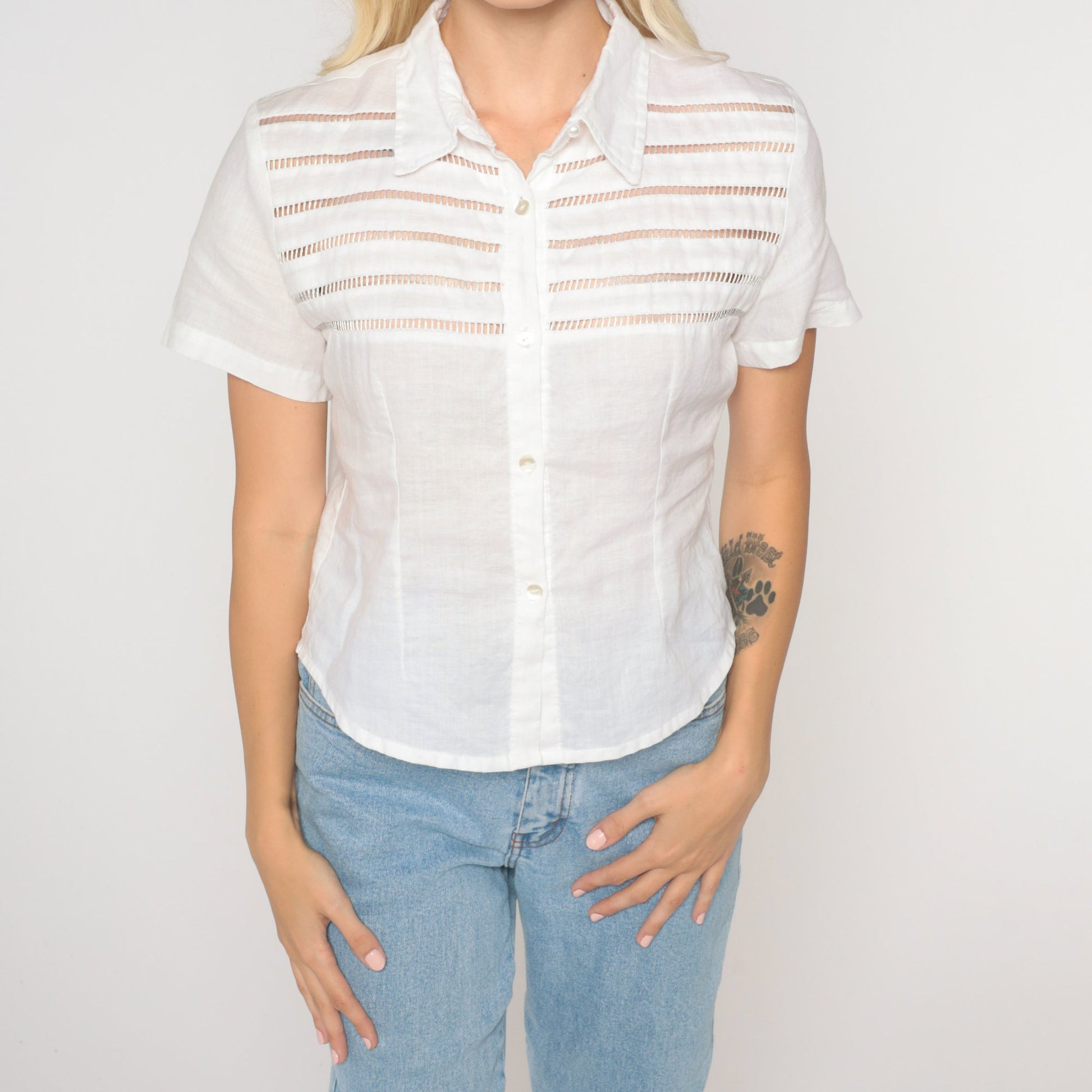 90s White Cutout Button-Up Blouse Short Sleeve Small S