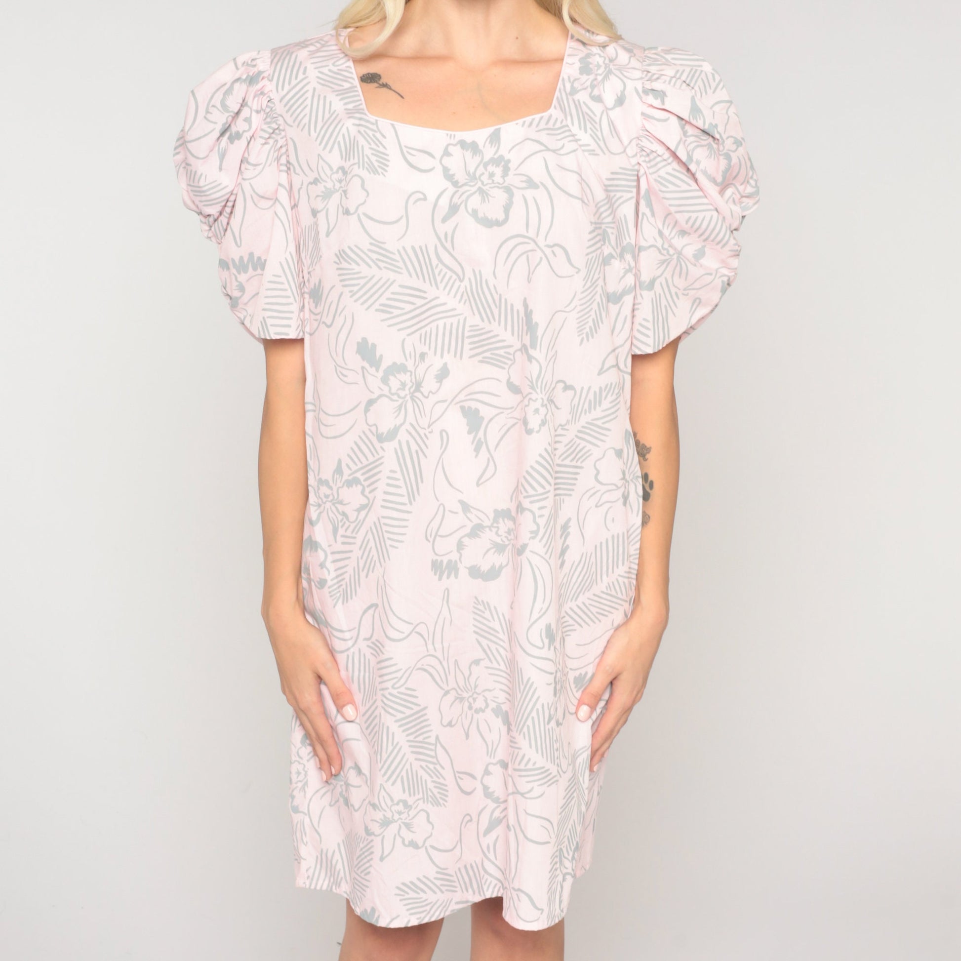 80s Floral Mini Dress Puff Sleeve Shift Dress Pink Botanical Small S
