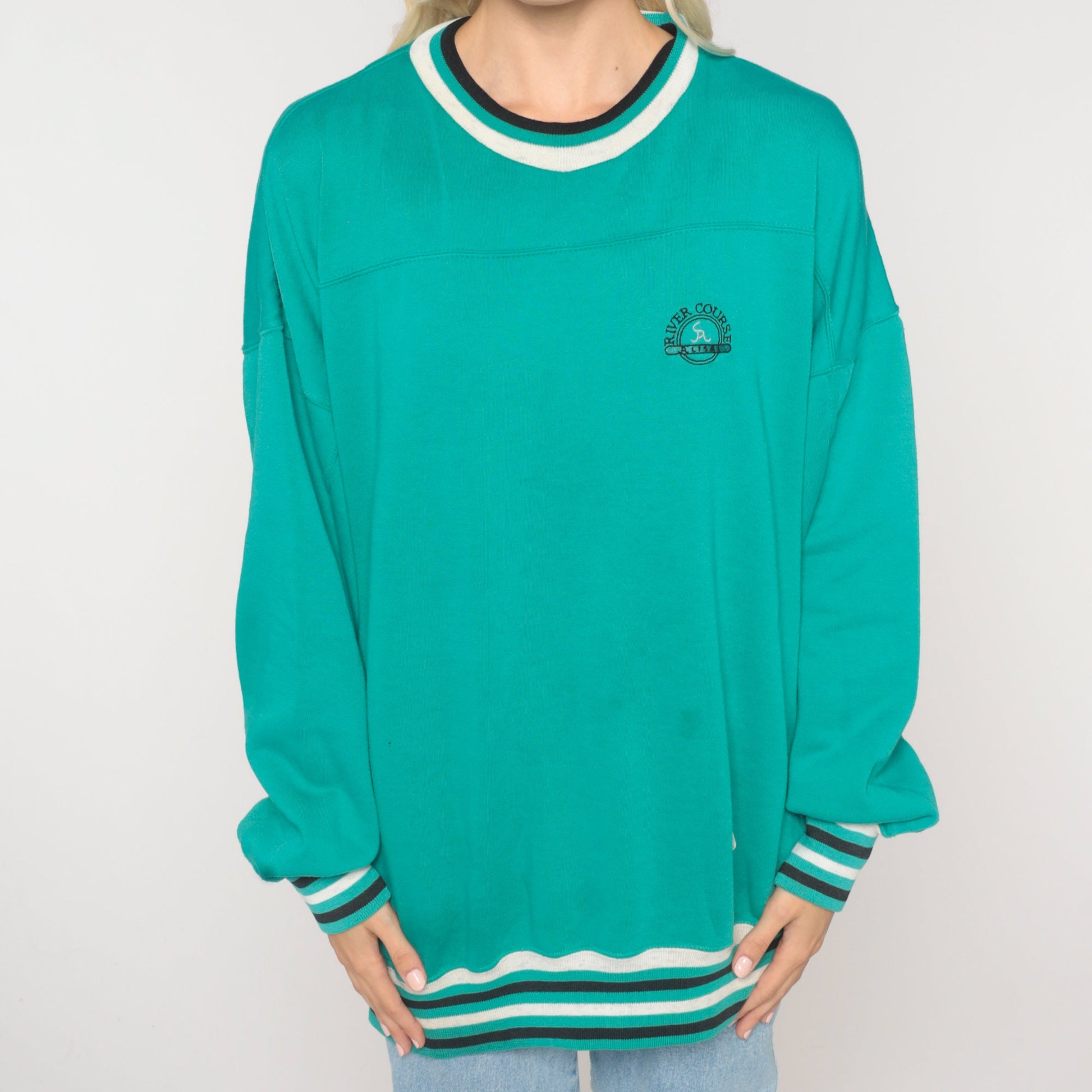 90s River Course Alisal Golf Sweatshirt Teal Striped Ringer Extra Large XXL