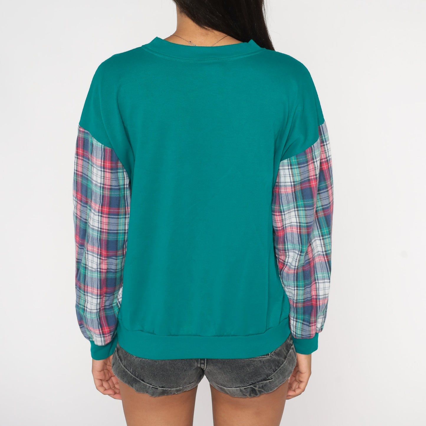 90s Teddy Bear Teal Plaid Sleeve Crewneck Sweatshirt Large L