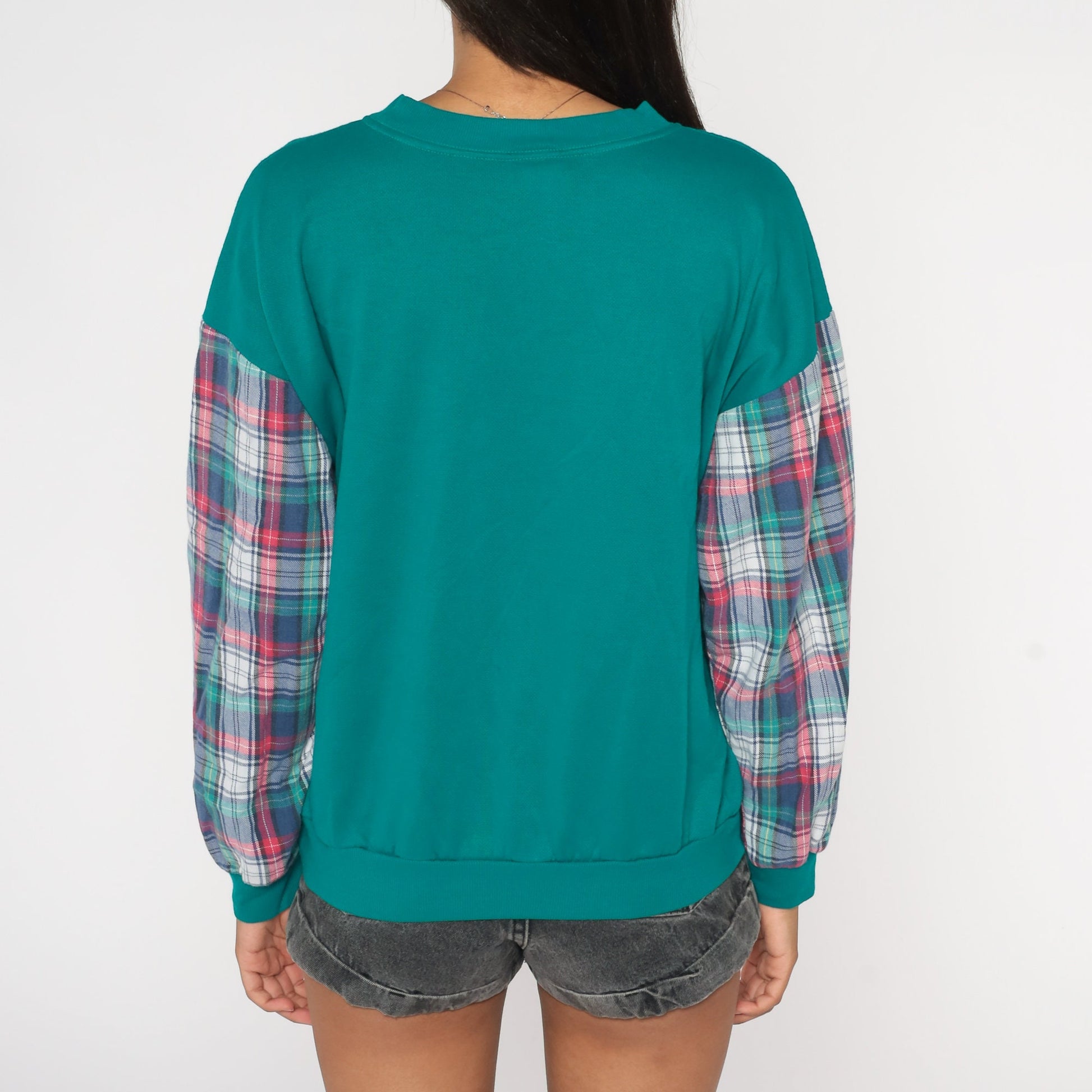 90s Teddy Bear Teal Plaid Sleeve Crewneck Sweatshirt Large L