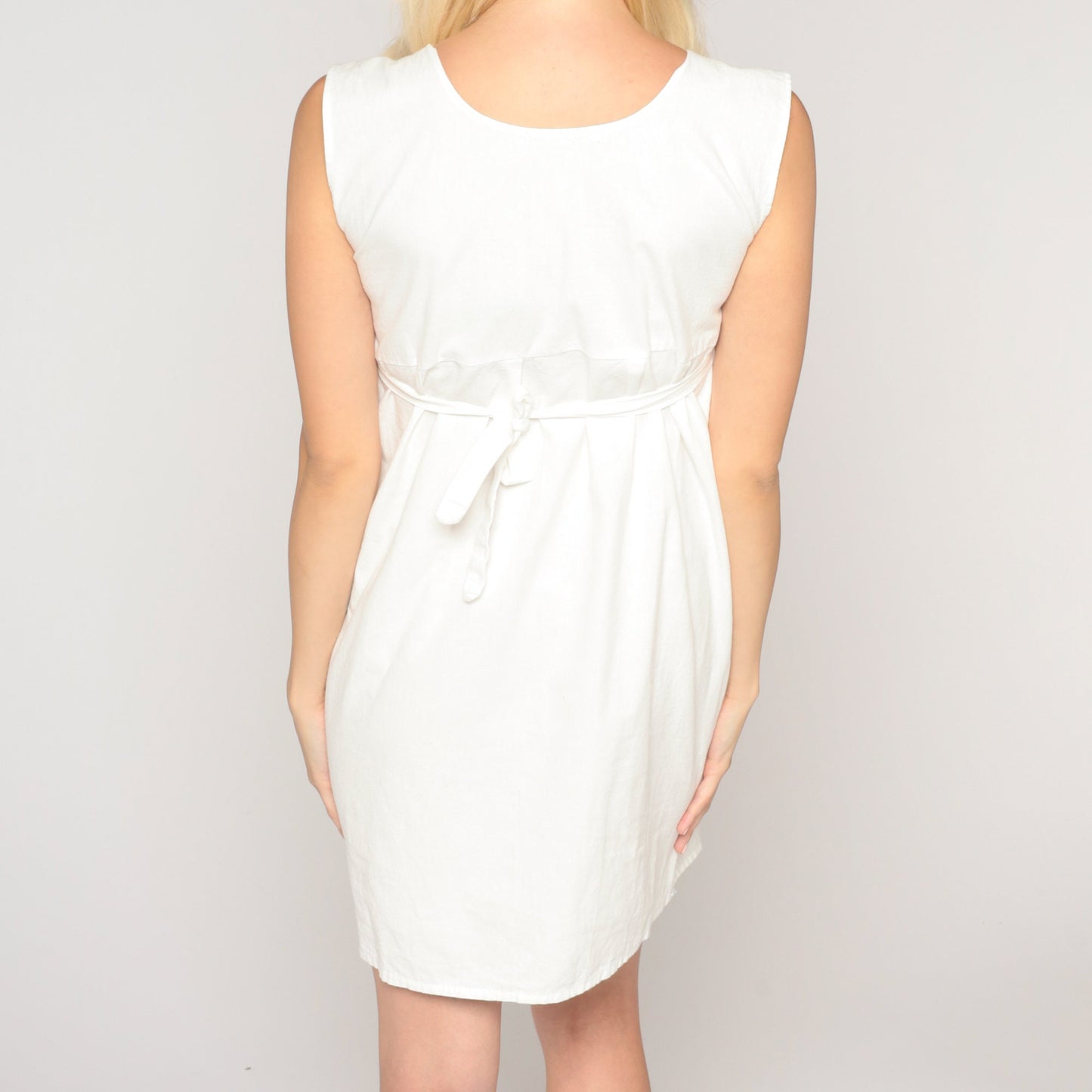 90s White Floral Embroidered Mini Dress Empire Waist Sleeveless Extra Small