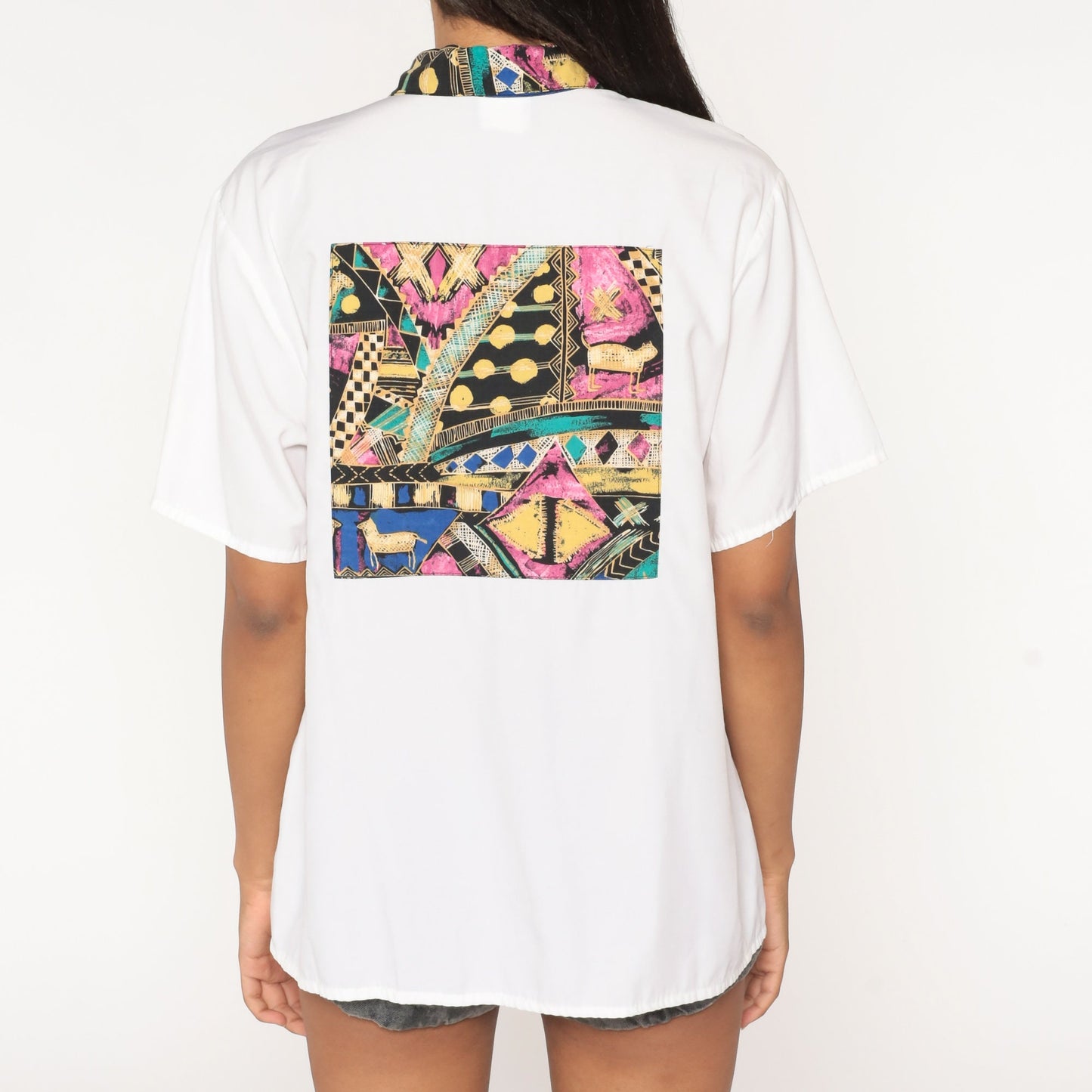 90s White Geometric Button Up Shirt Contrast Collar Short Sleeve Large L