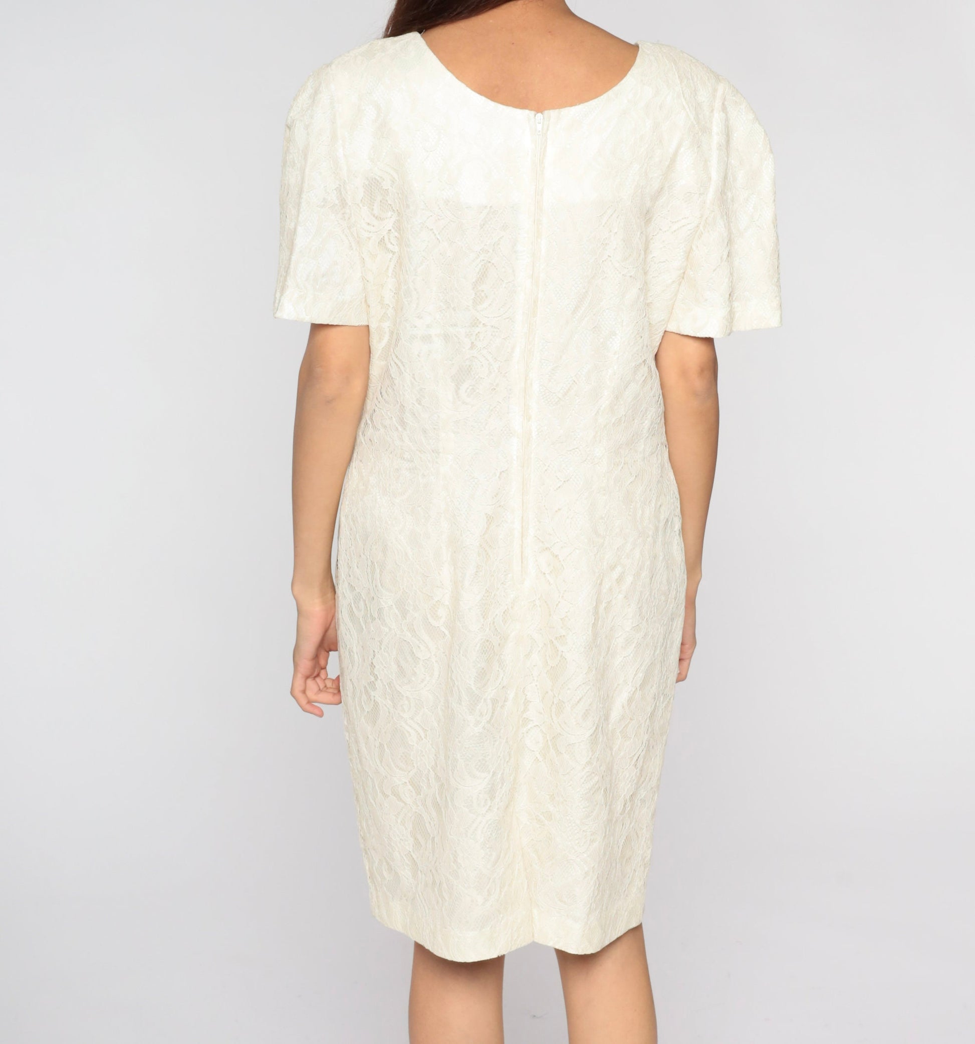 90s Off-White Lace Mini Dress Short Sleeve Sheath Cocktail Large L