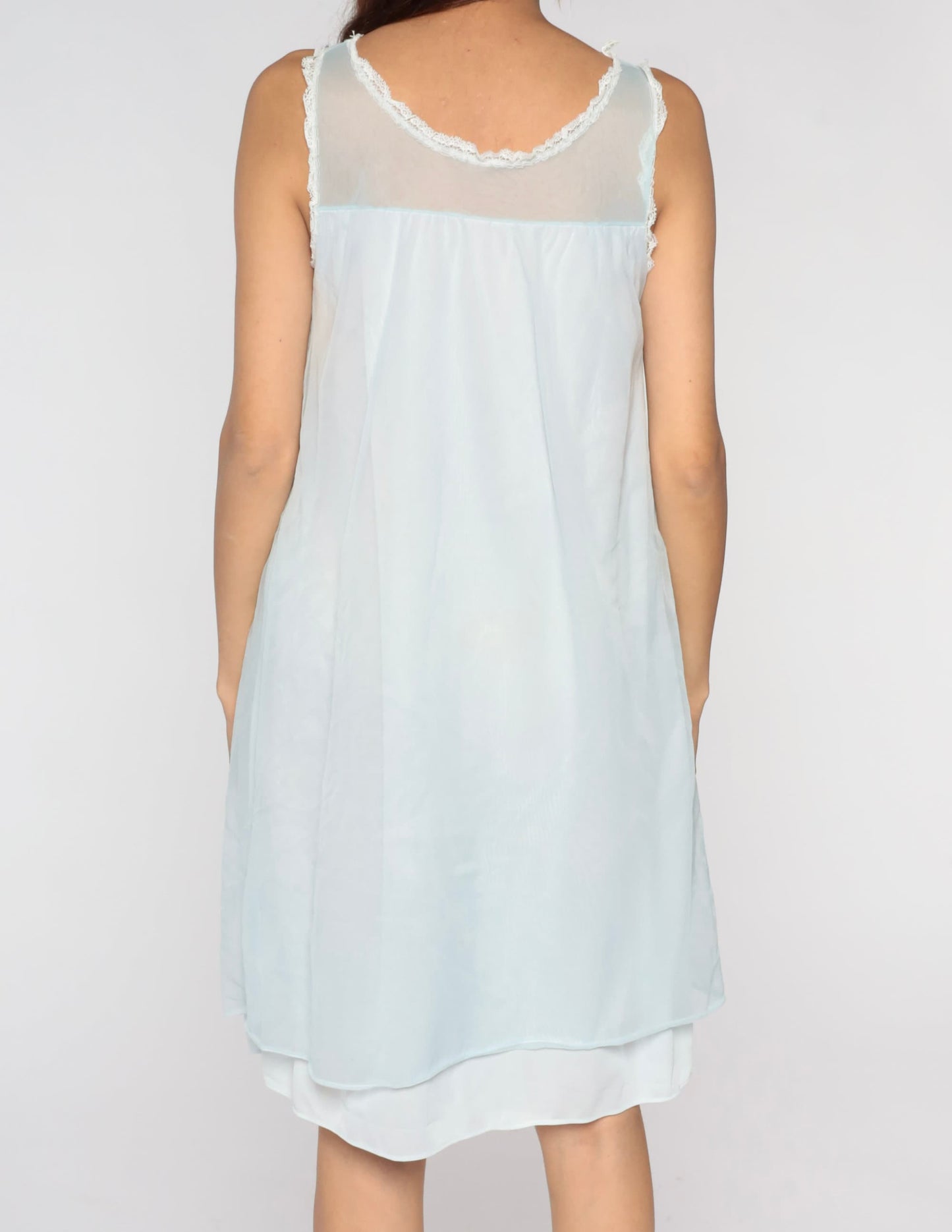 70s Baby Blue Nylon Nightgown Embroidered Lace Bib Mini Slip Dress Small