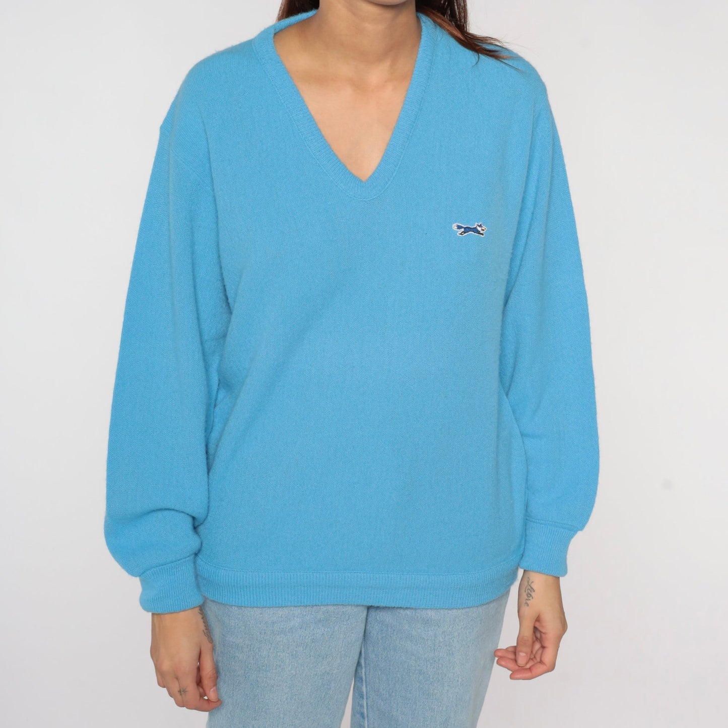 80s Light Blue Fox Emblem V-Neck Pullover Sweater Small S