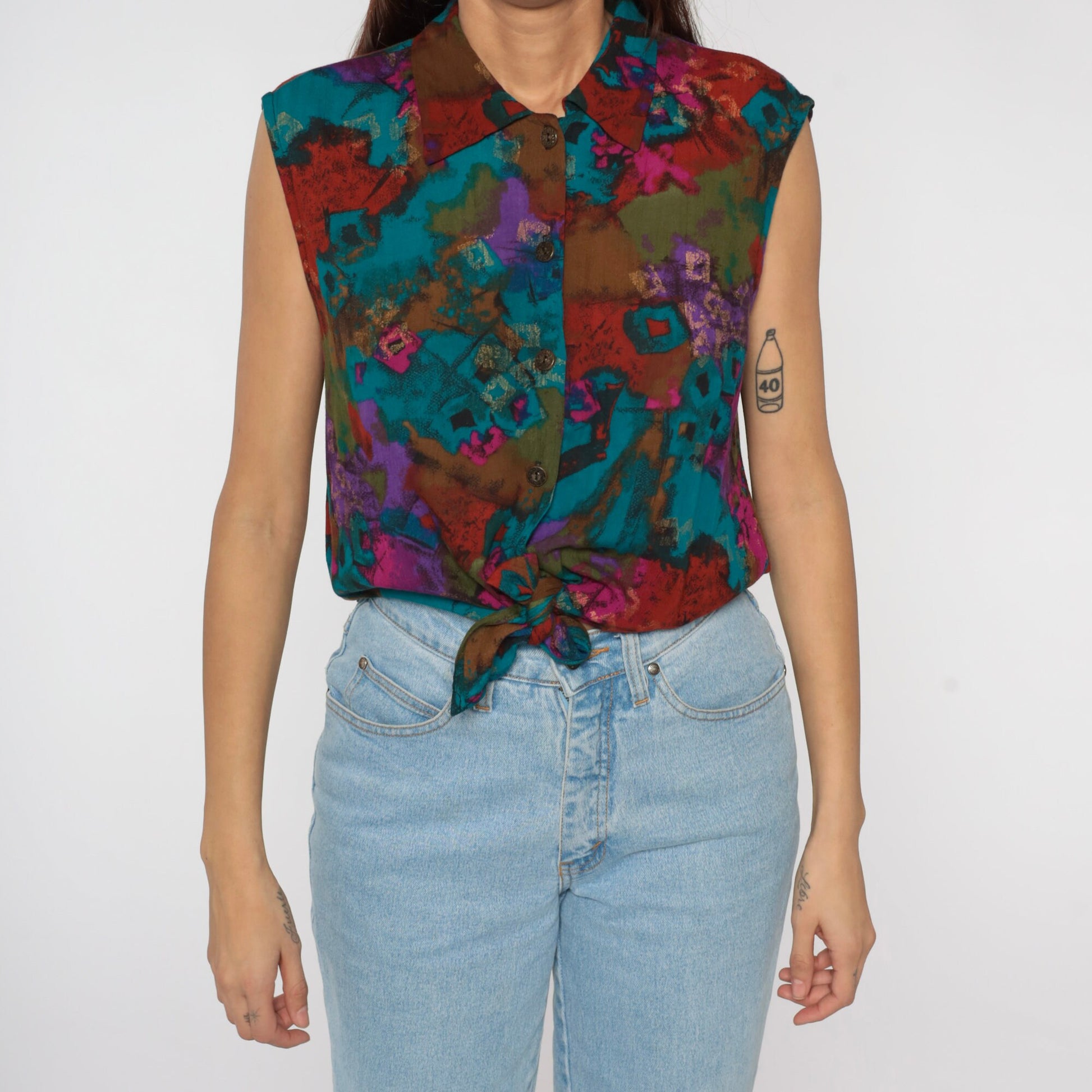 90s Abstract Print Tie Front Crop Top Rayon Button Up Collared Medium