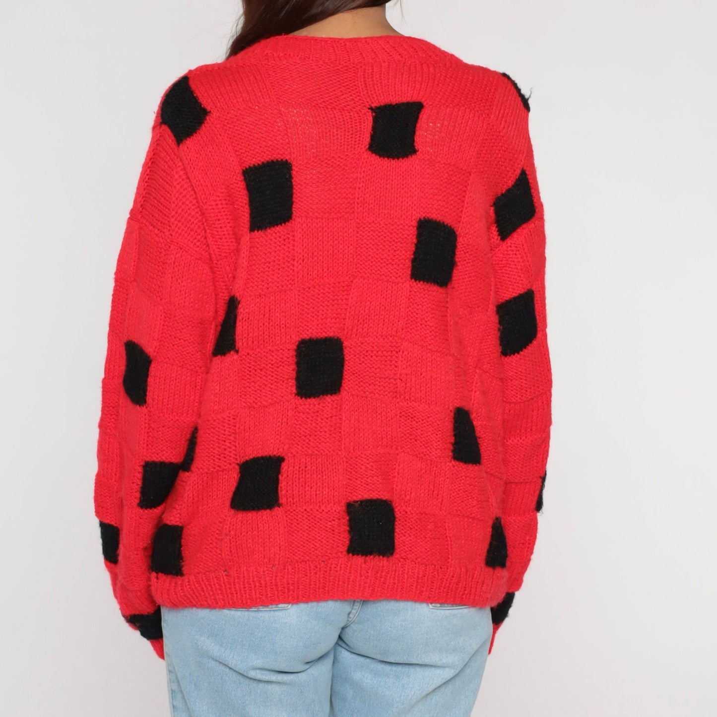 80s Red Black Checkered Knit Sweater Crewneck Pullover Medium Large