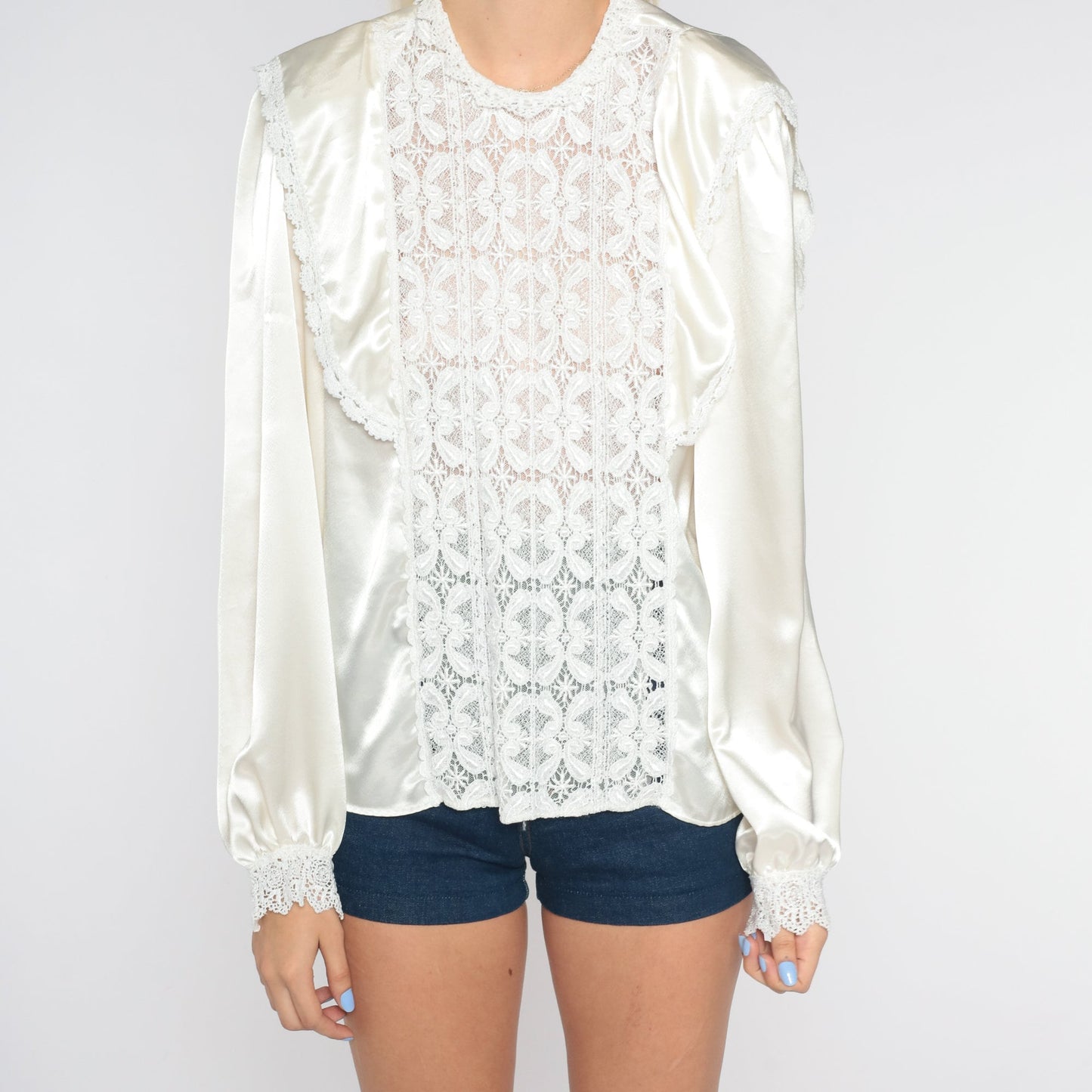 70s Sonya Ratay Cream Satin Blouse Lace Ruffled Long Sleeve Large L