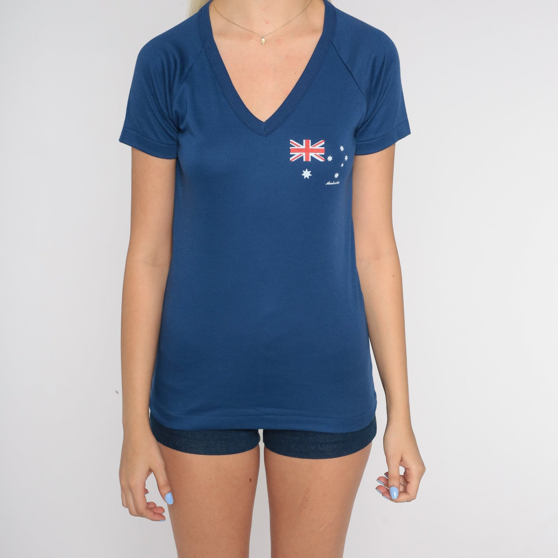 80s Australia Graphic V-Neck Raglan T-Shirt Navy Single Stitch Extra Small XS