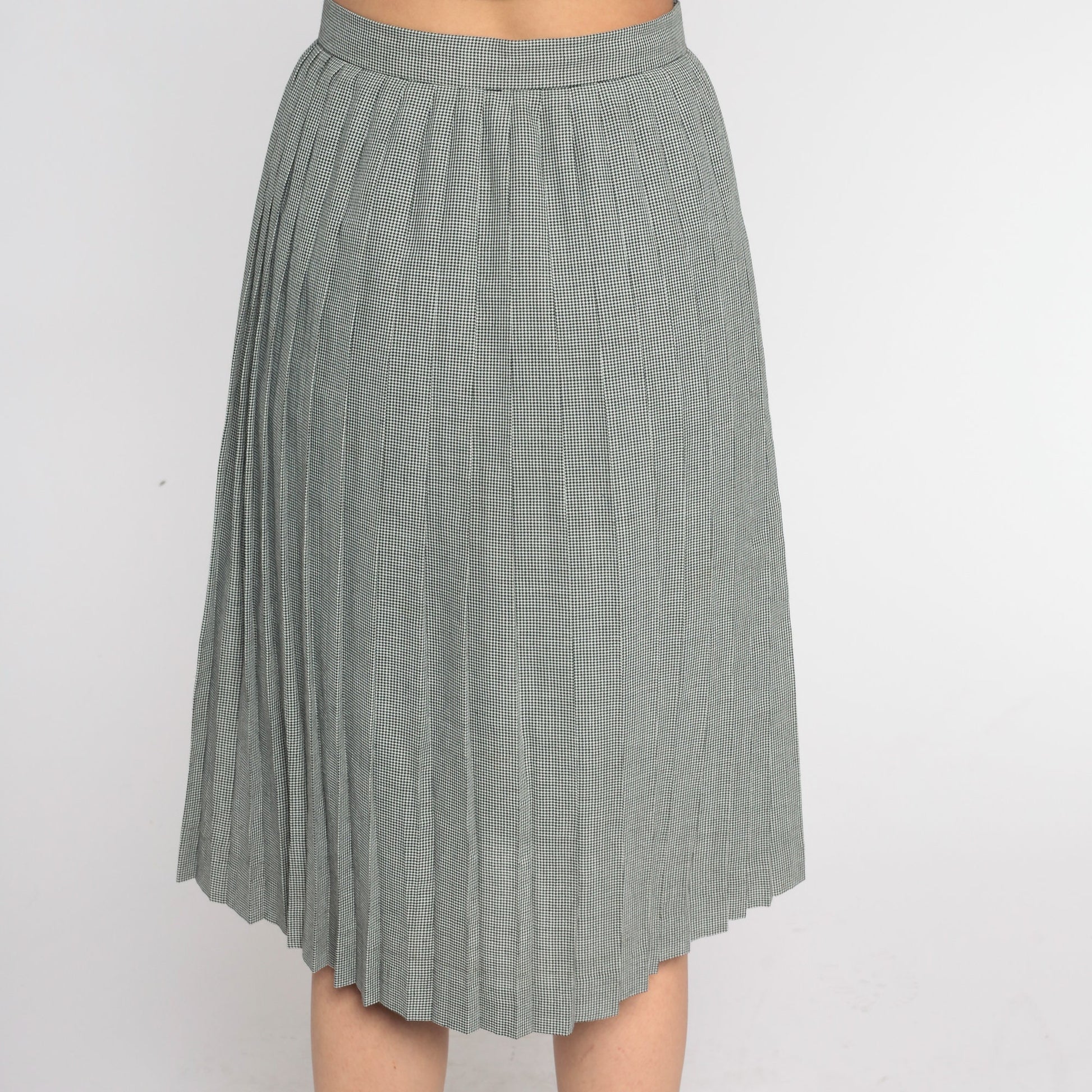 80s Houndstooth Pleated Midi Skirt Black White High Waist Extra Small