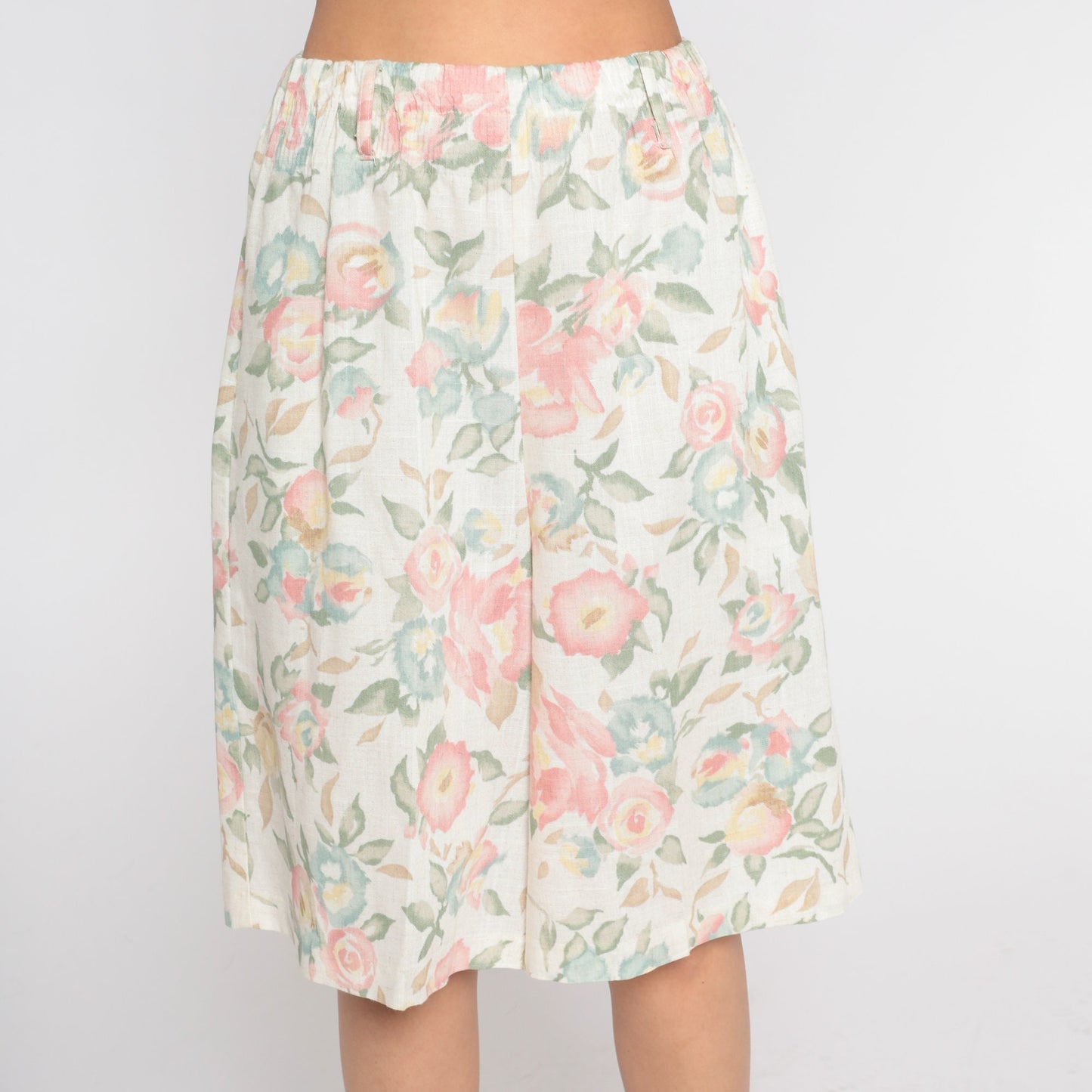 90s Floral Culotte Shorts White Linen Blend High Waist Wide Leg Medium