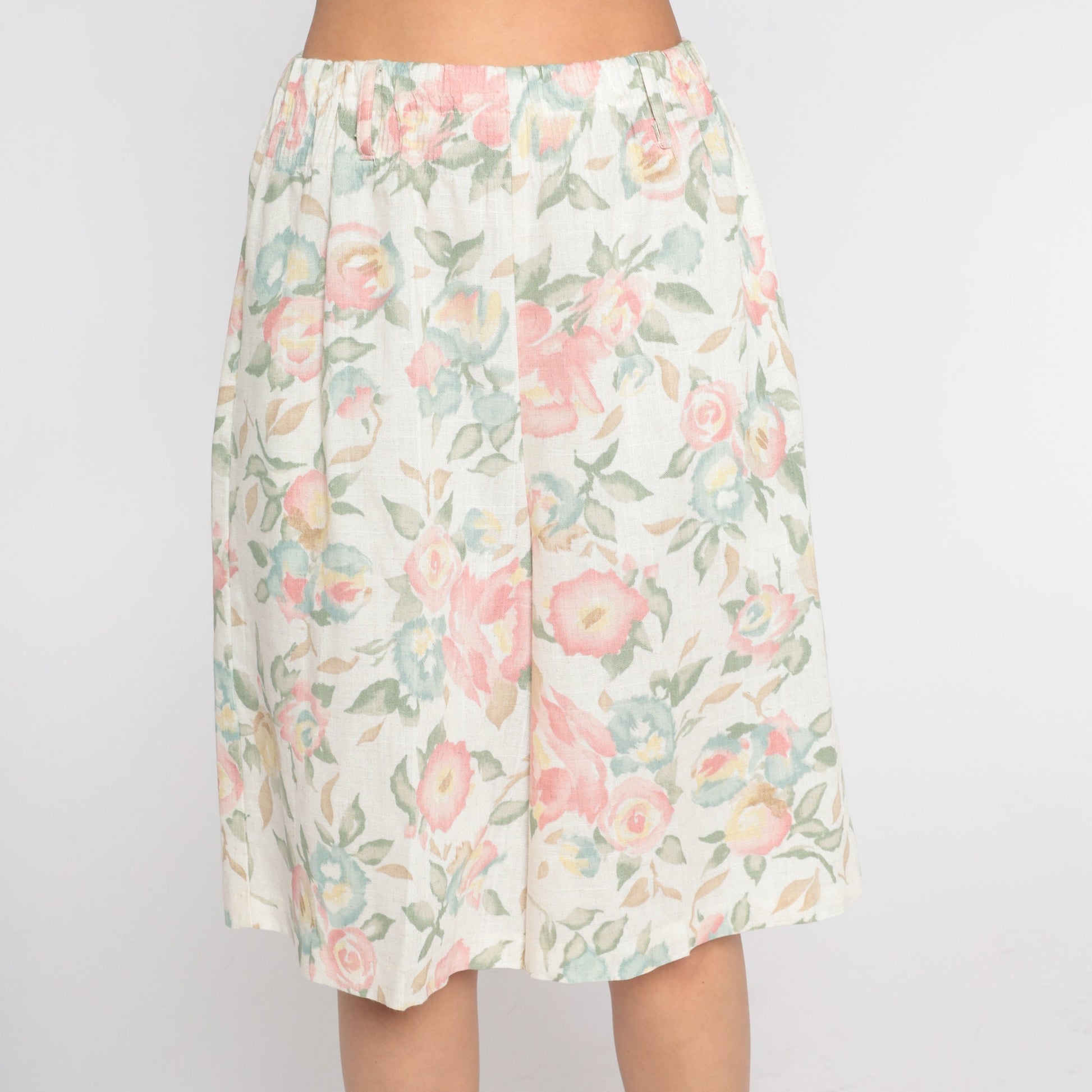 90s Floral Culotte Shorts White Linen Blend High Waist Wide Leg Medium