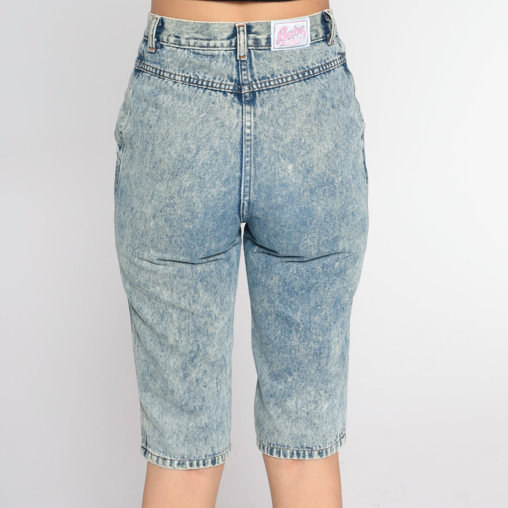 90s Acid Wash Denim Bermuda Shorts High Waist Knee Length Blue Extra Small