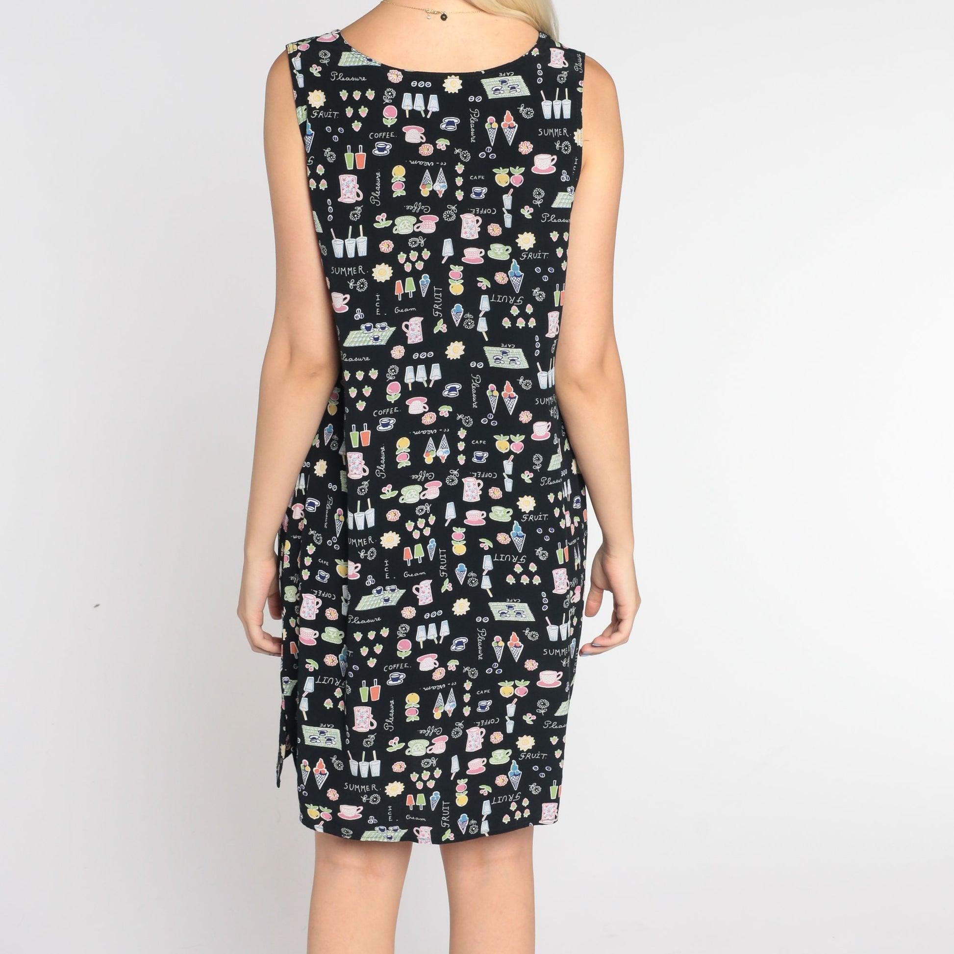 90s Black Mini Tank Dress Food Print Sleeveless Sundress Medium M