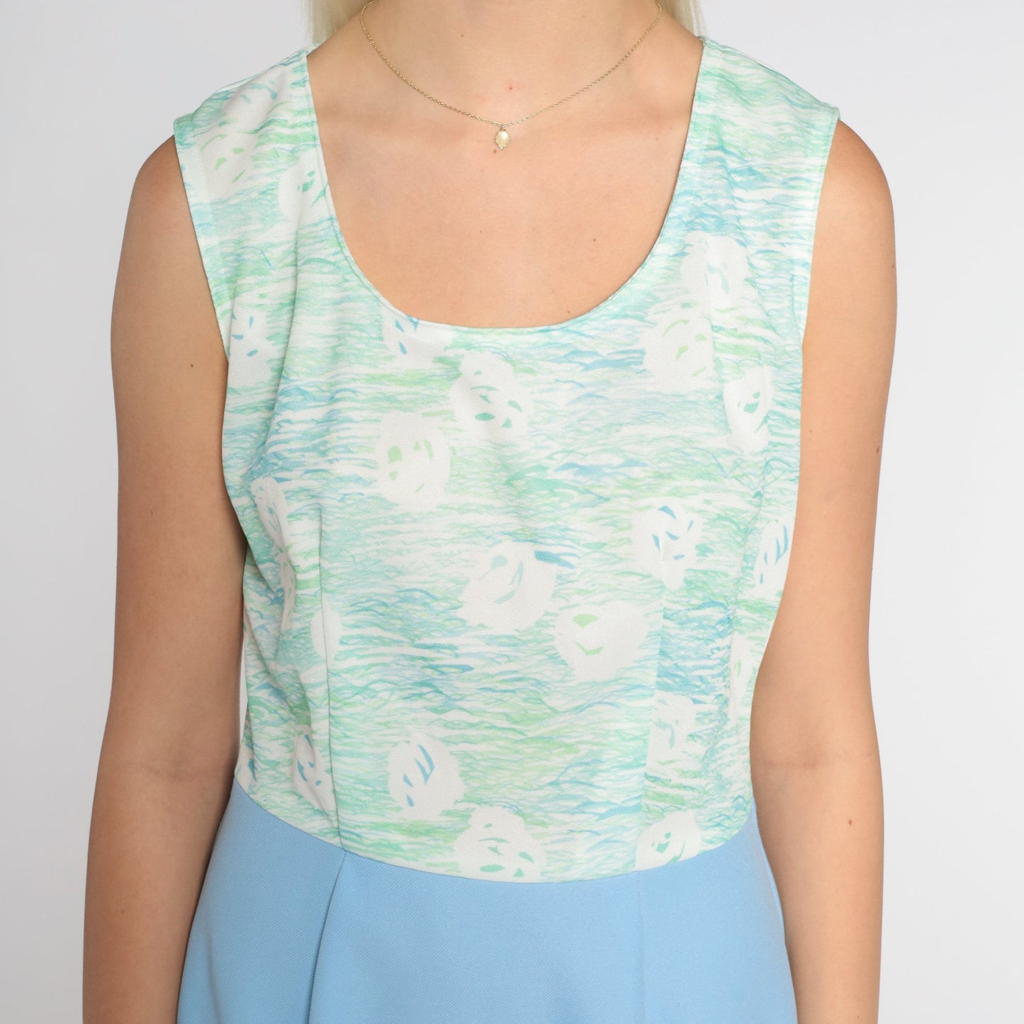 70s Watercolor Mini Dress Blue Green Sleeveless High Waist Small