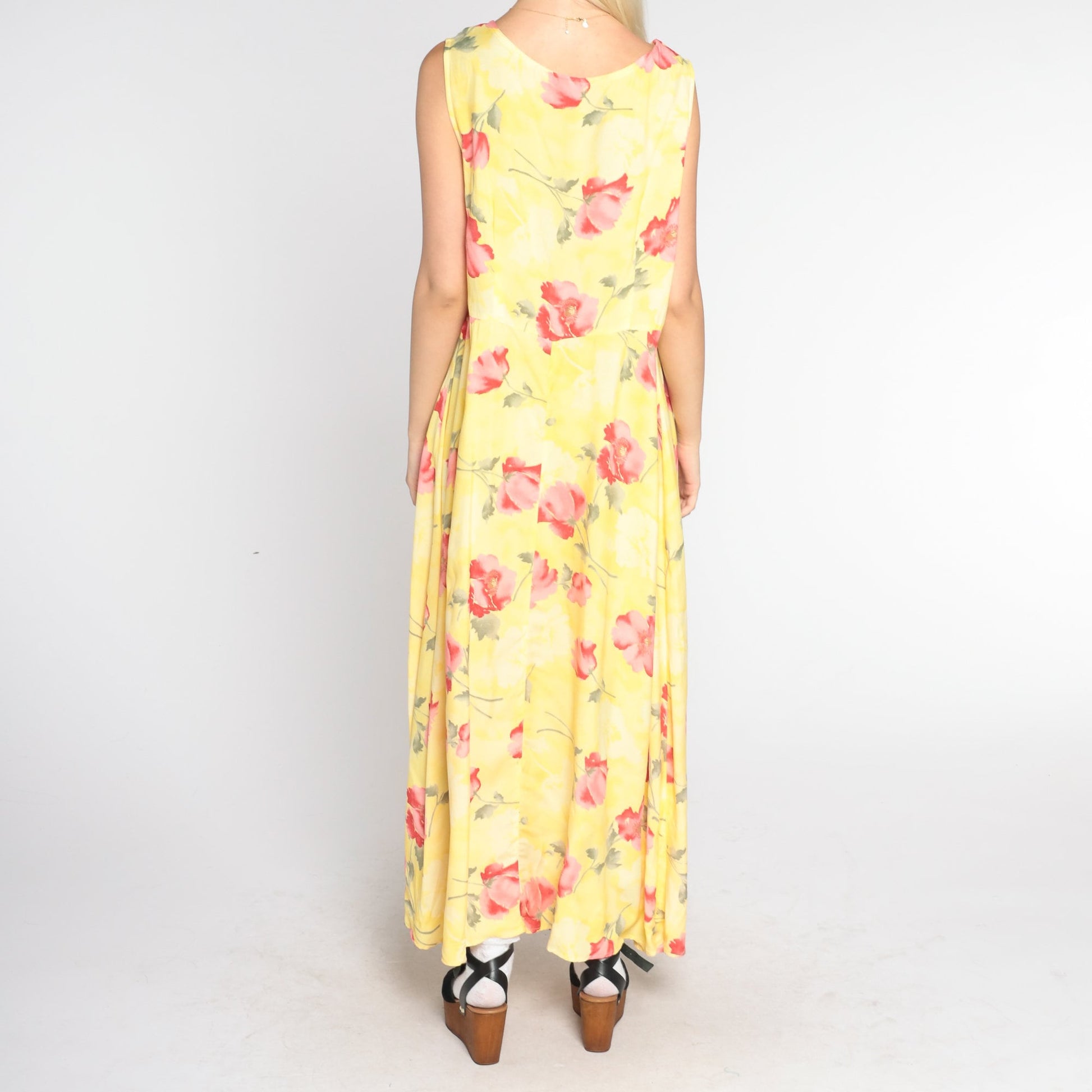 90s Yellow Poppy Print Maxi Dress Sleeveless Floral Large L