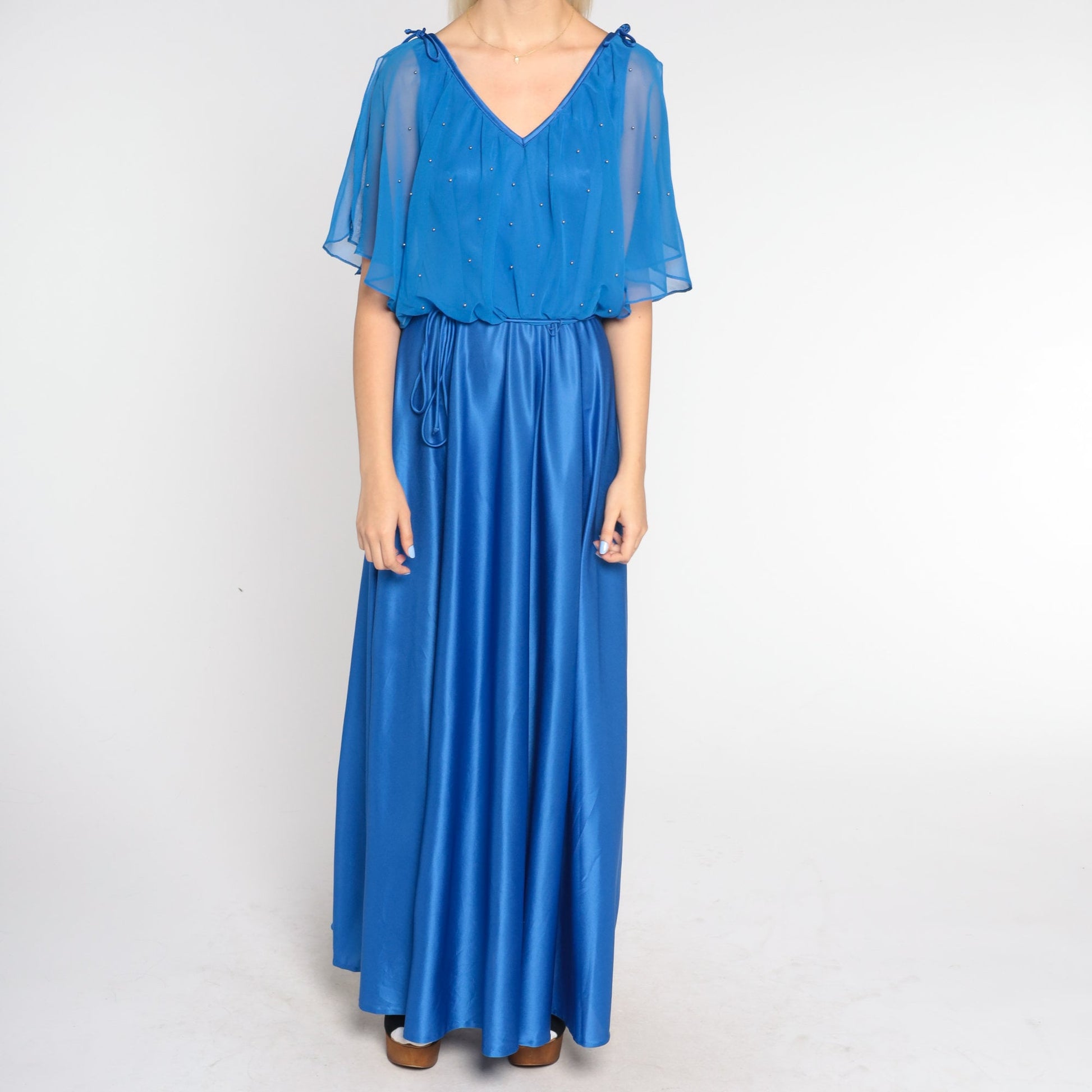 70s Royal Blue Grecian Maxi Dress V-Neck Beaded Capelet High Waist Small
