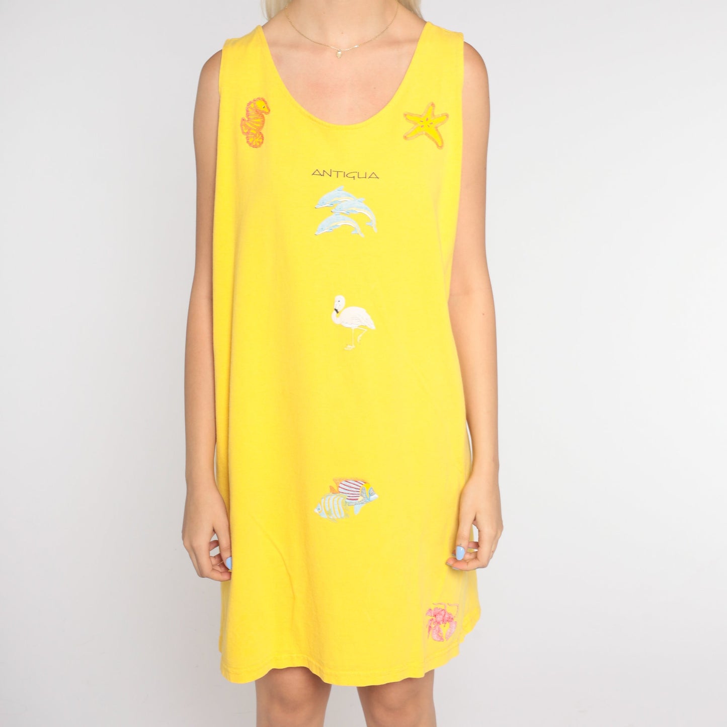 90s Antigua Yellow Mini Tank Dress Embroidered Sea Creatures Medium