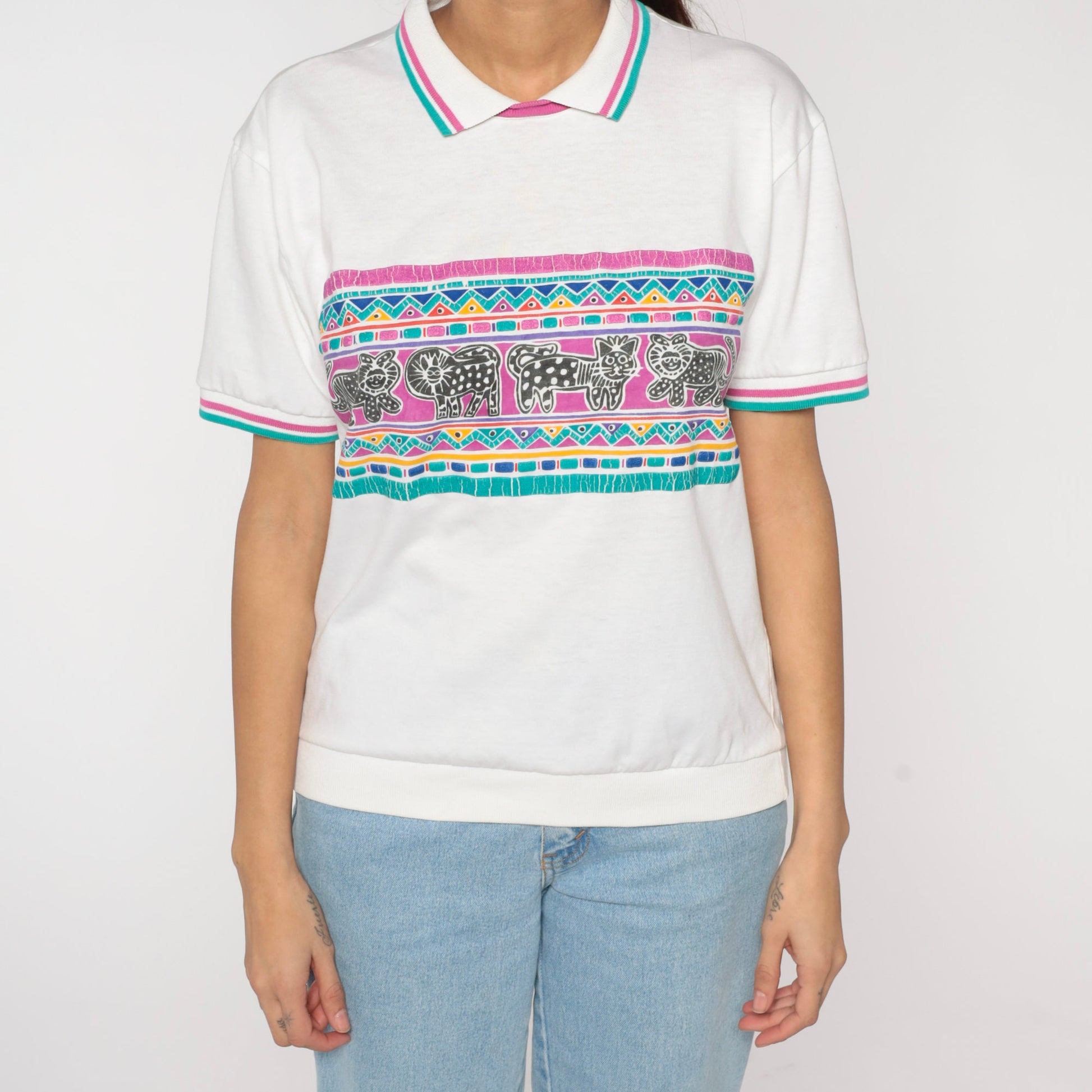 90s Big Cat Polo Shirt White Geometric Lion Tiger Print Medium
