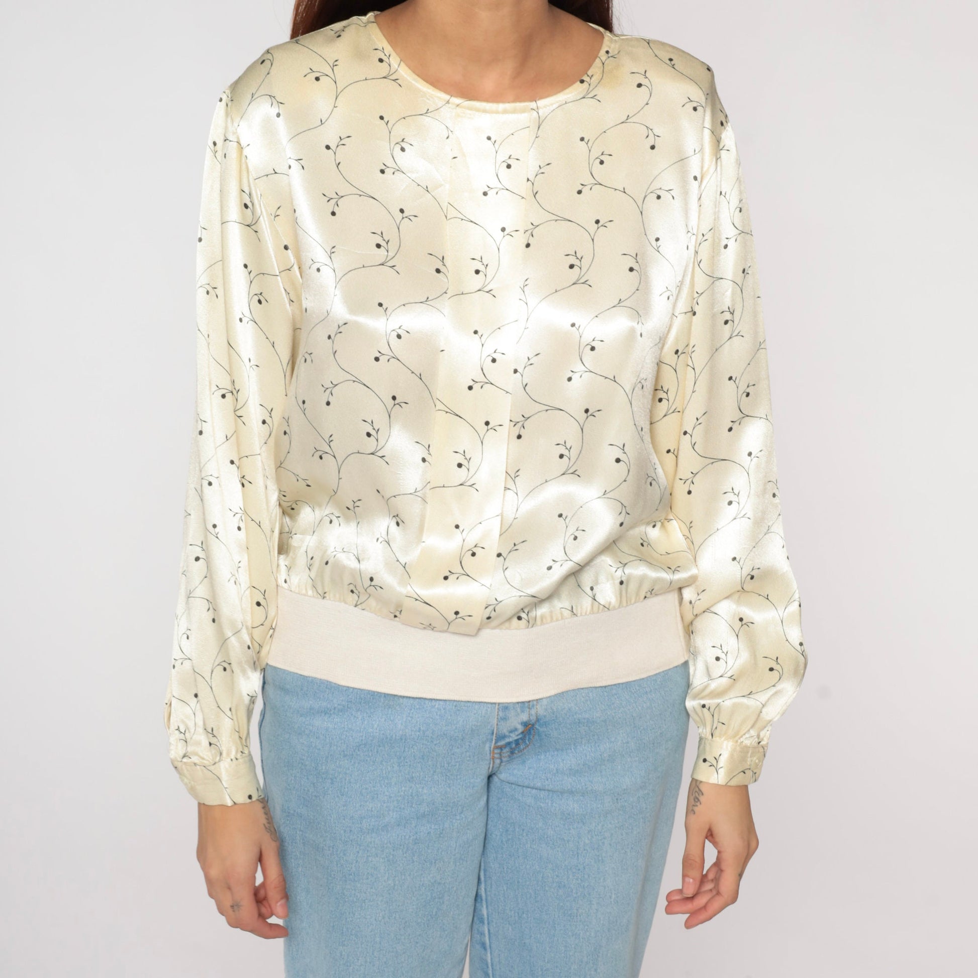90s Cream Floral Shiny Blouse Long Sleeve Pullover Banded Hem Medium M