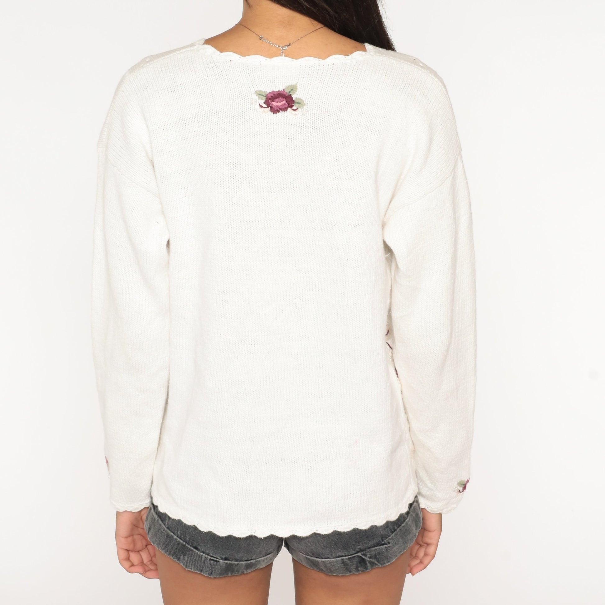 90s White Floral Embroidered Cutout Sweater Pearl Button Henley Medium Large
