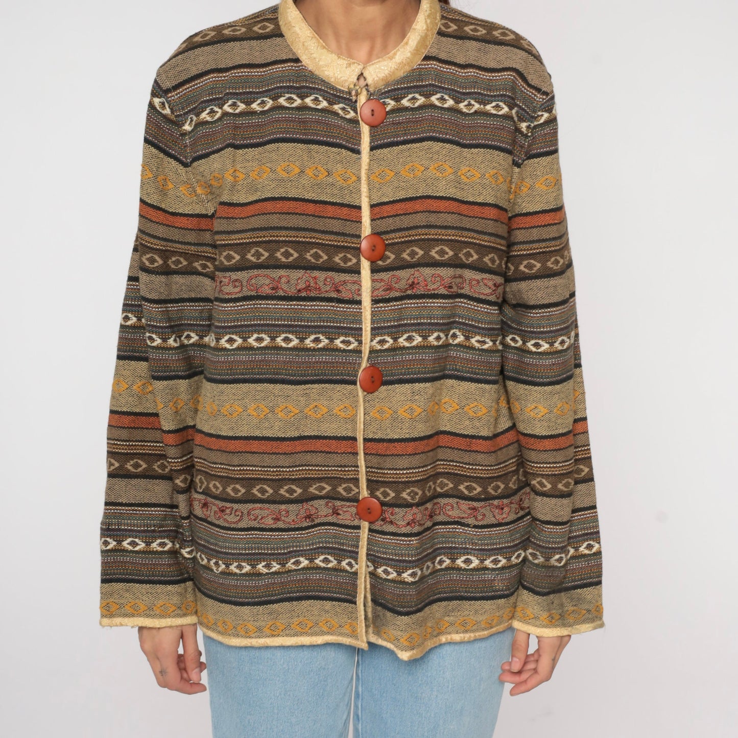 Y2K Striped Tapestry Button Jacket Floral Collar Cotton Neutral Extra Large XXL