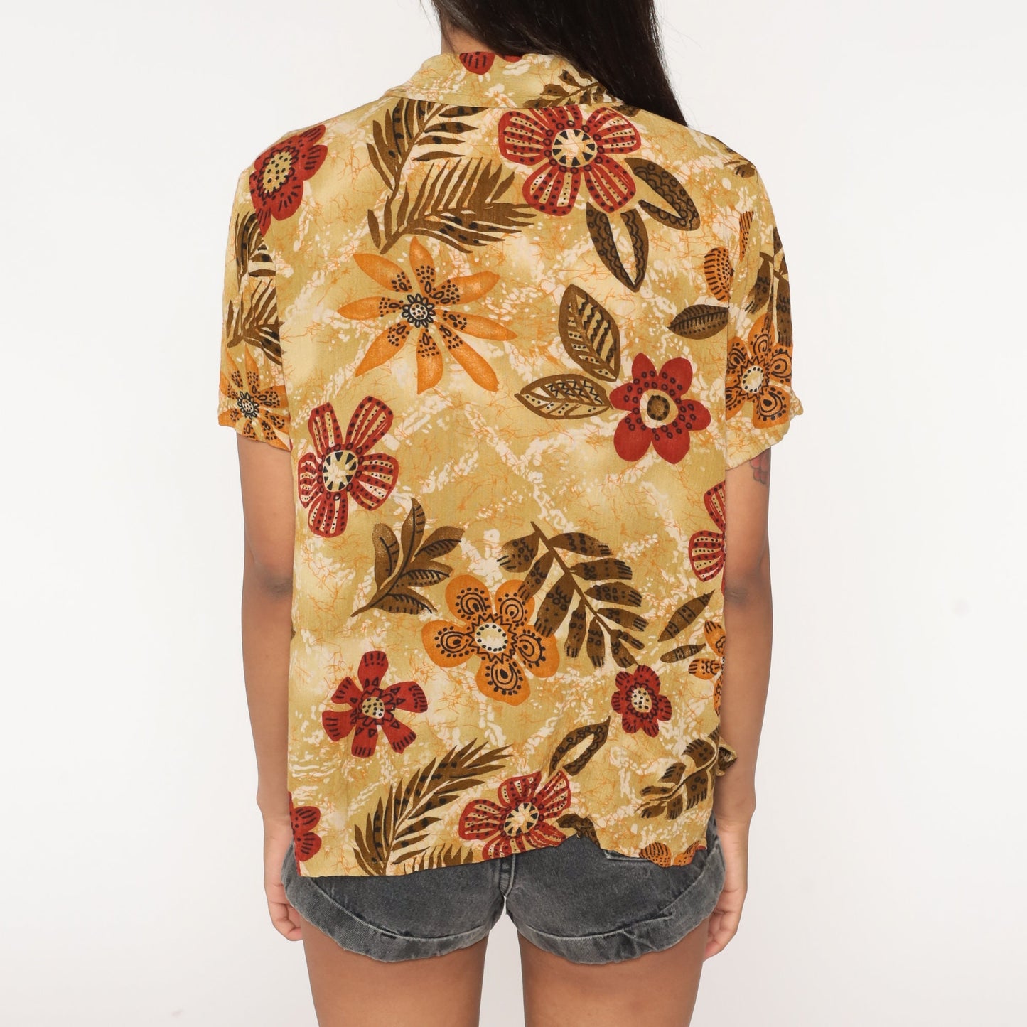 90s Floral Brown Rayon Blouse Short Sleeve Button Up Tropical Print Medium