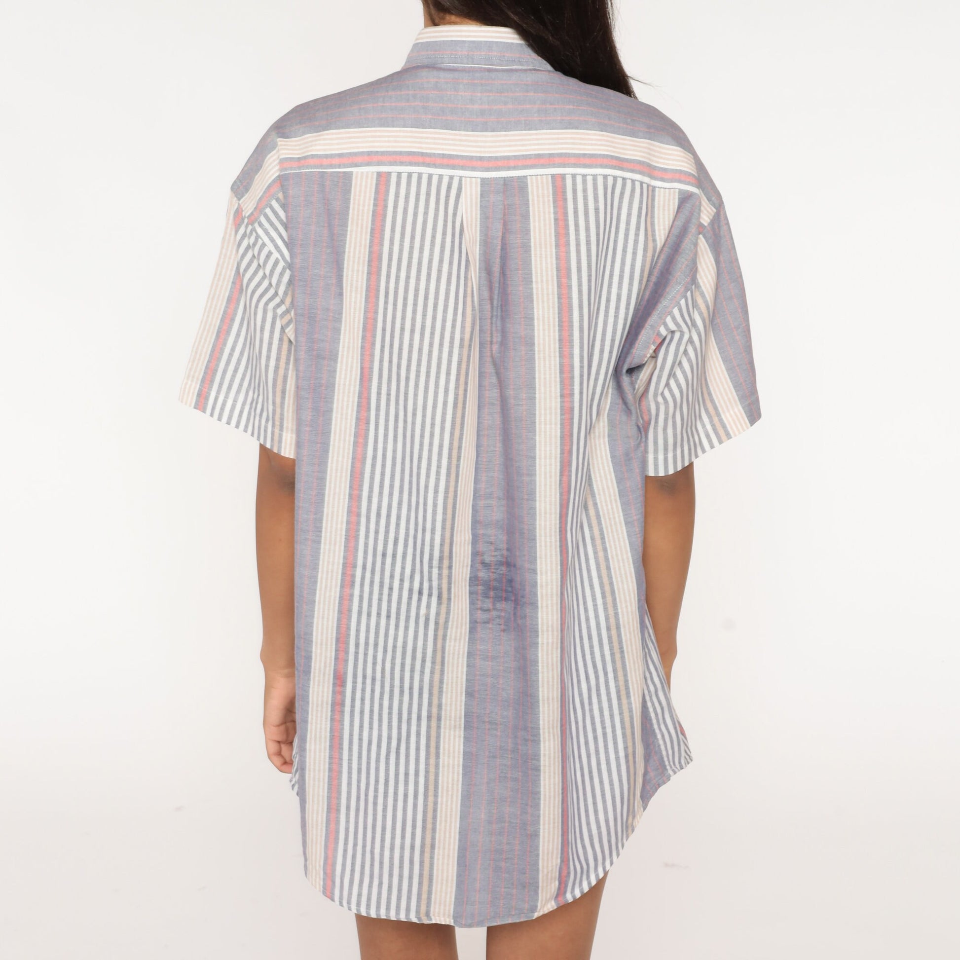 90s Blue White Striped Cotton Button-Up Shirt Chest Pocket Men's Large
