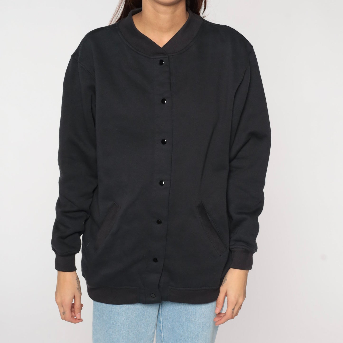 00s Black Snap-Up Sweatshirt Jacket Plain Crewneck Medium M