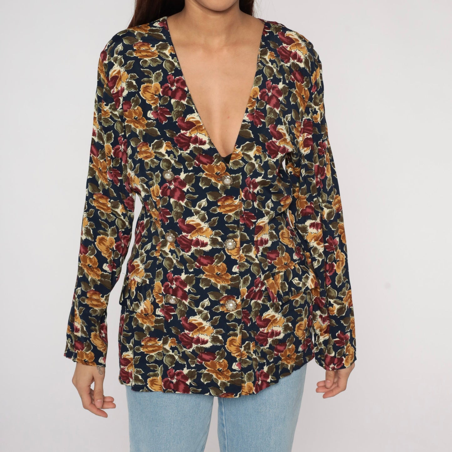 90s Floral Double Breasted Rayon Jacket Medium M