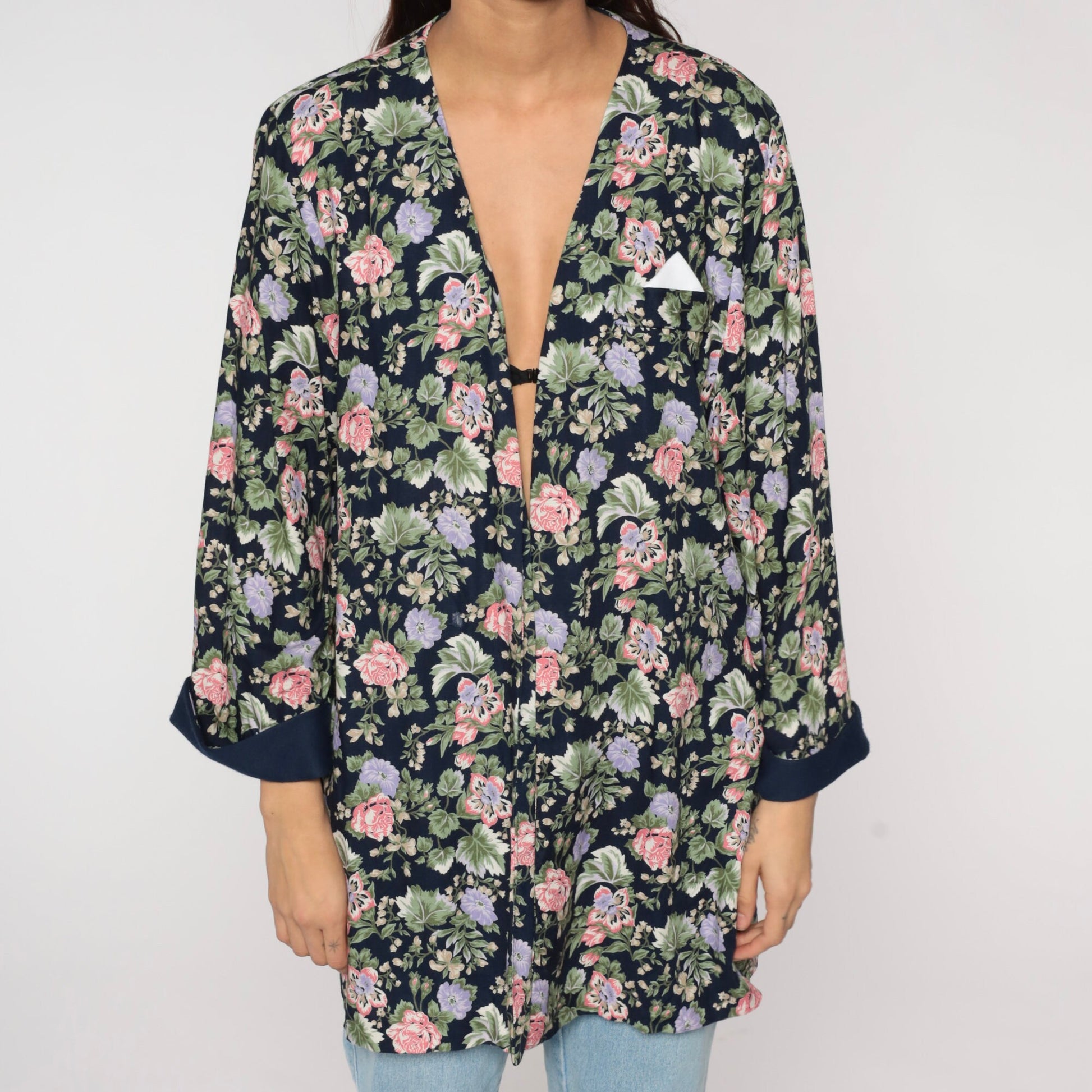 90s Navy Floral Open Front Jacket Rayon Long Sleeve Large L