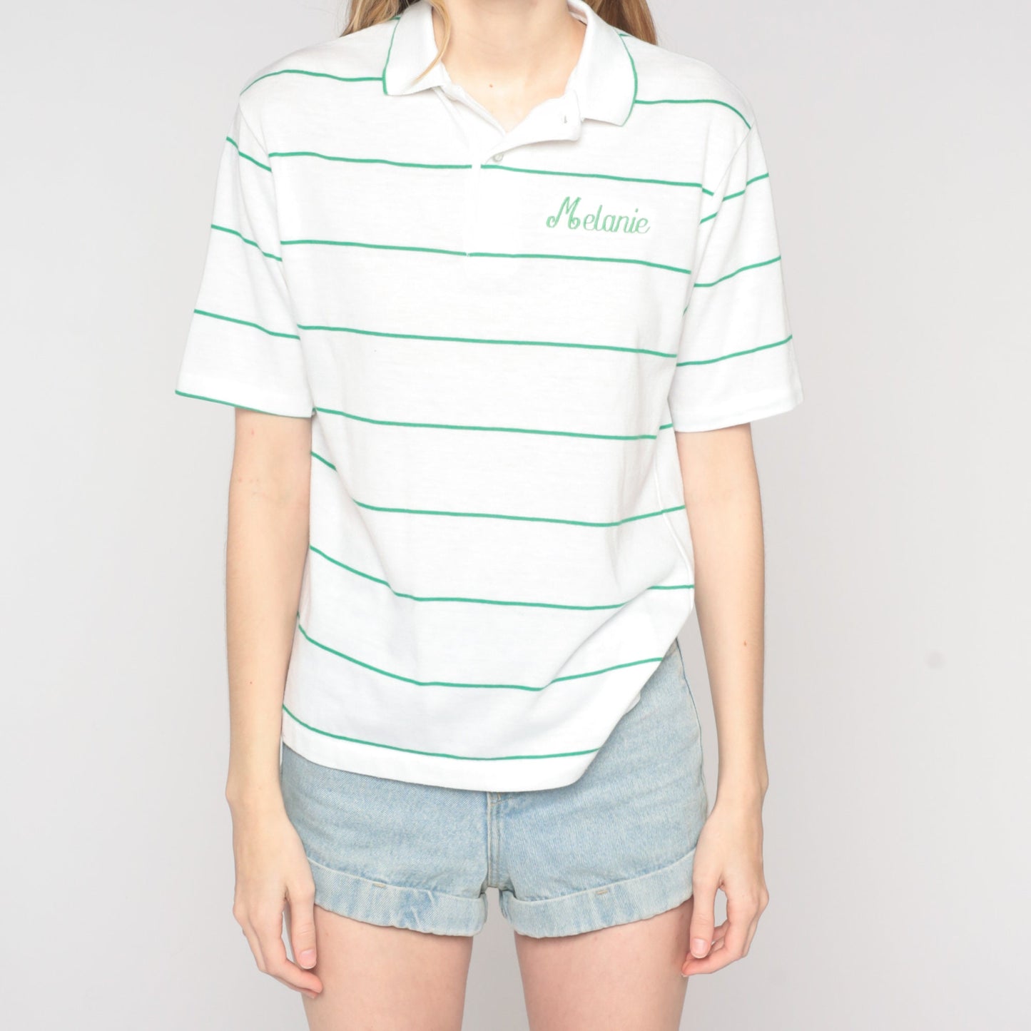 90s Melanie Embroidered Polo Shirt Striped White Green Medium M