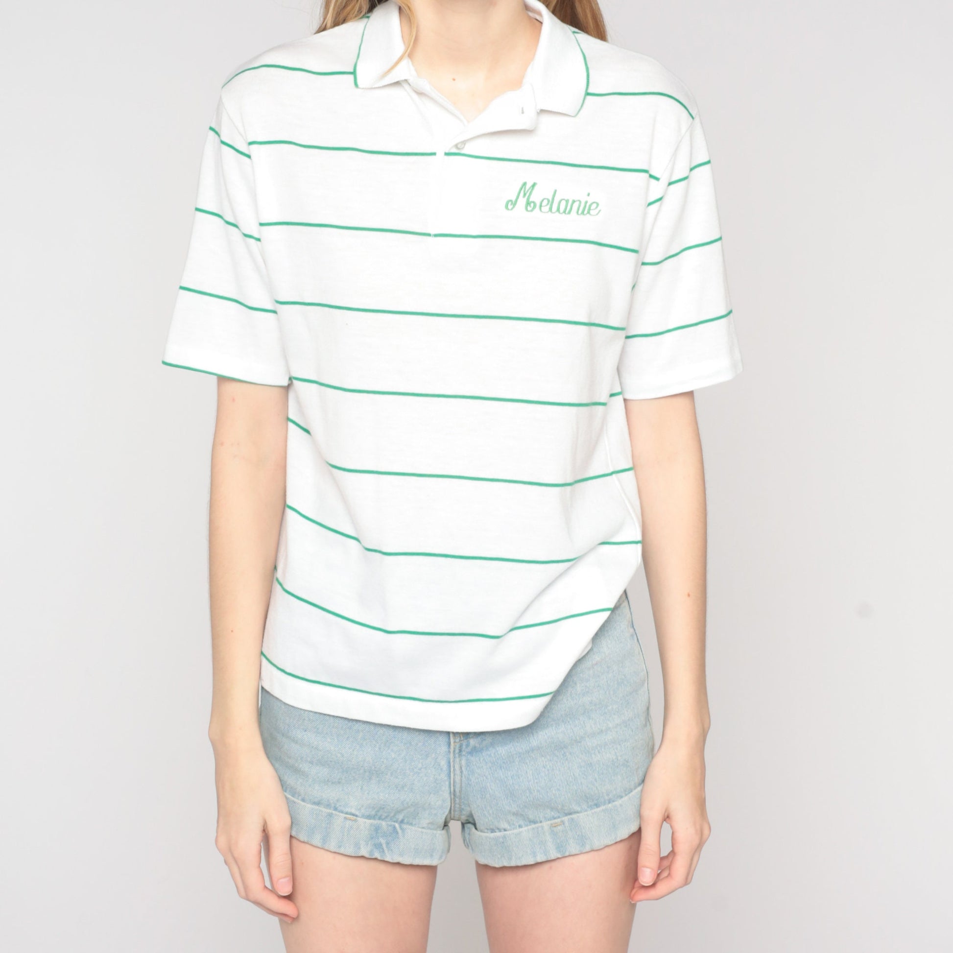 90s Melanie Embroidered Polo Shirt Striped White Green Medium M