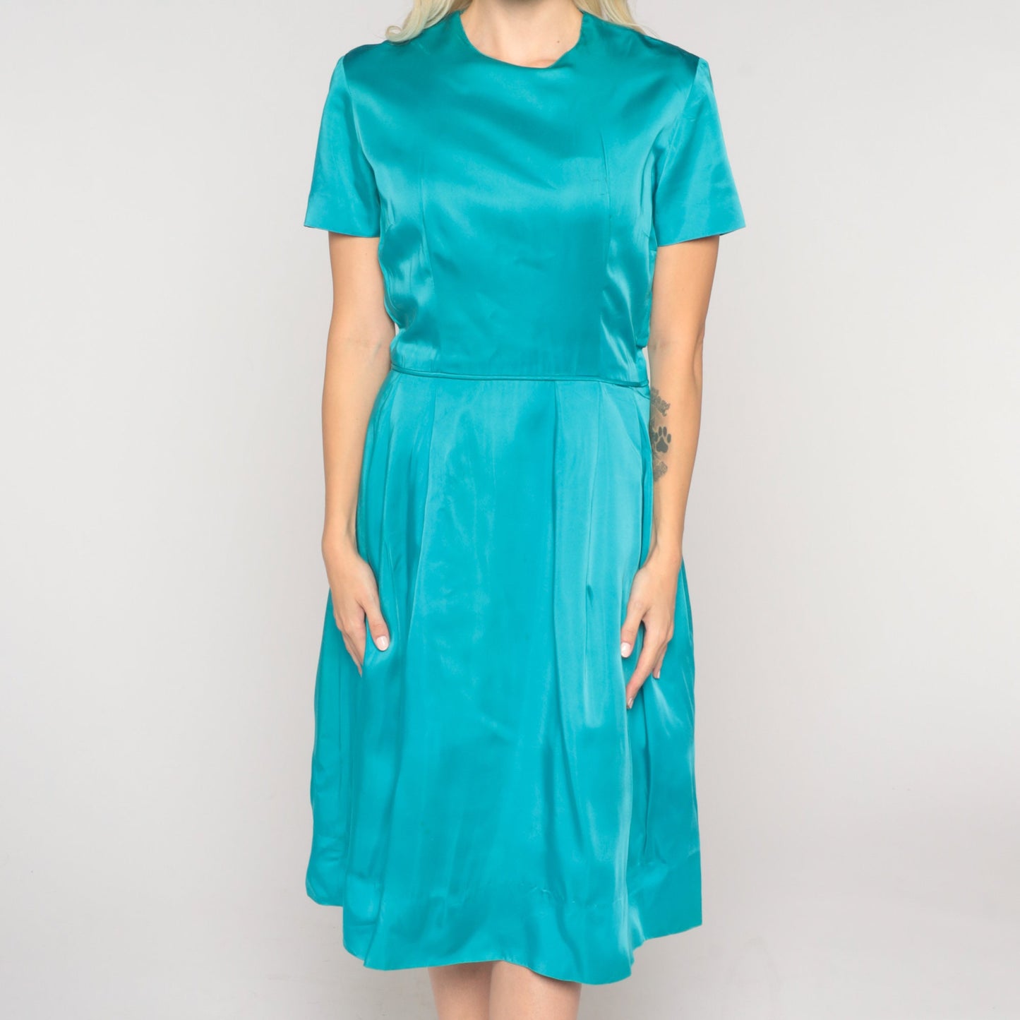 1960s Turquoise Taffeta Party Dress High Waist Side Zip Small S