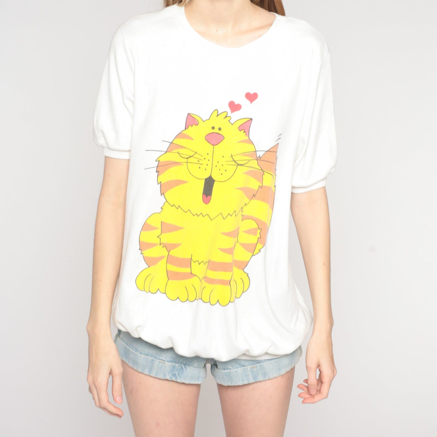 80s Cartoon Cat Heart Graphic T-Shirt White Banded Hem Large L