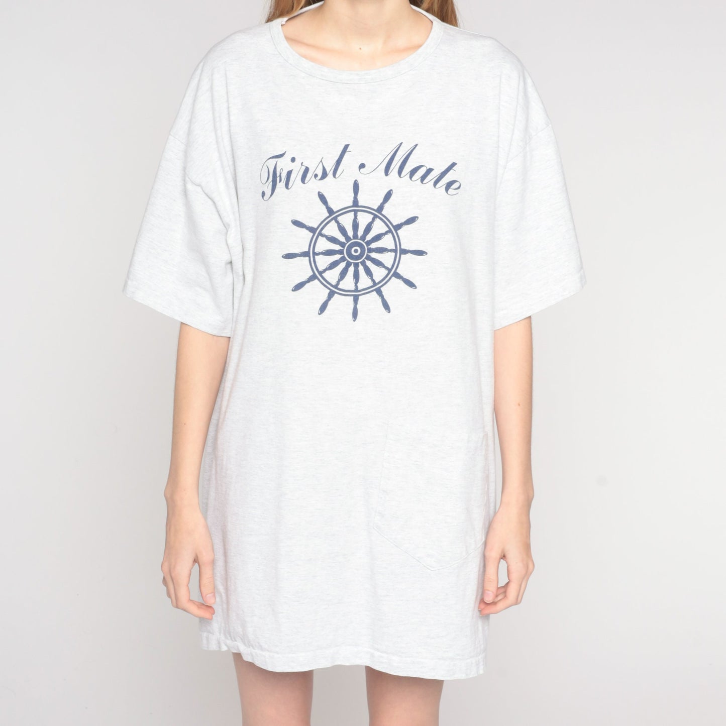 90s First Mate Nautical Graphic T-Shirt Dress Light Grey Cotton One Size