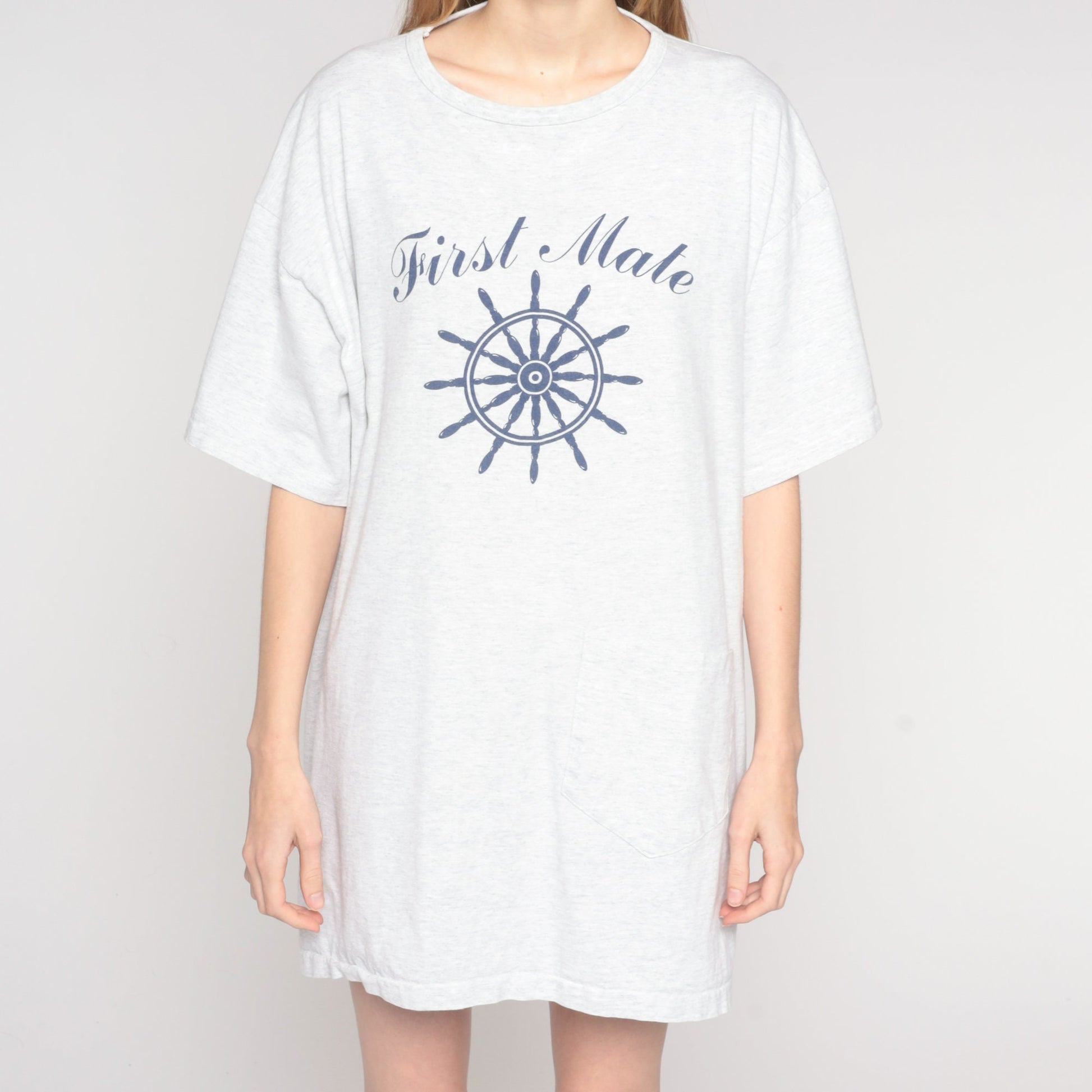 90s First Mate Nautical Graphic T-Shirt Dress Light Grey Cotton One Size